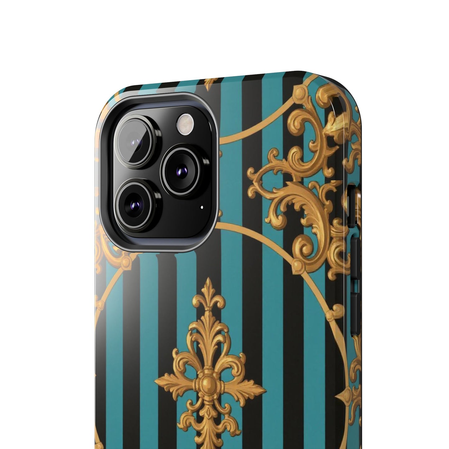 Elegant Turquoise & Black Striped Gold Baroque Phone Case, Tough Phone Cases for Fashion Lovers, Gift for Her, Luxury Accessories