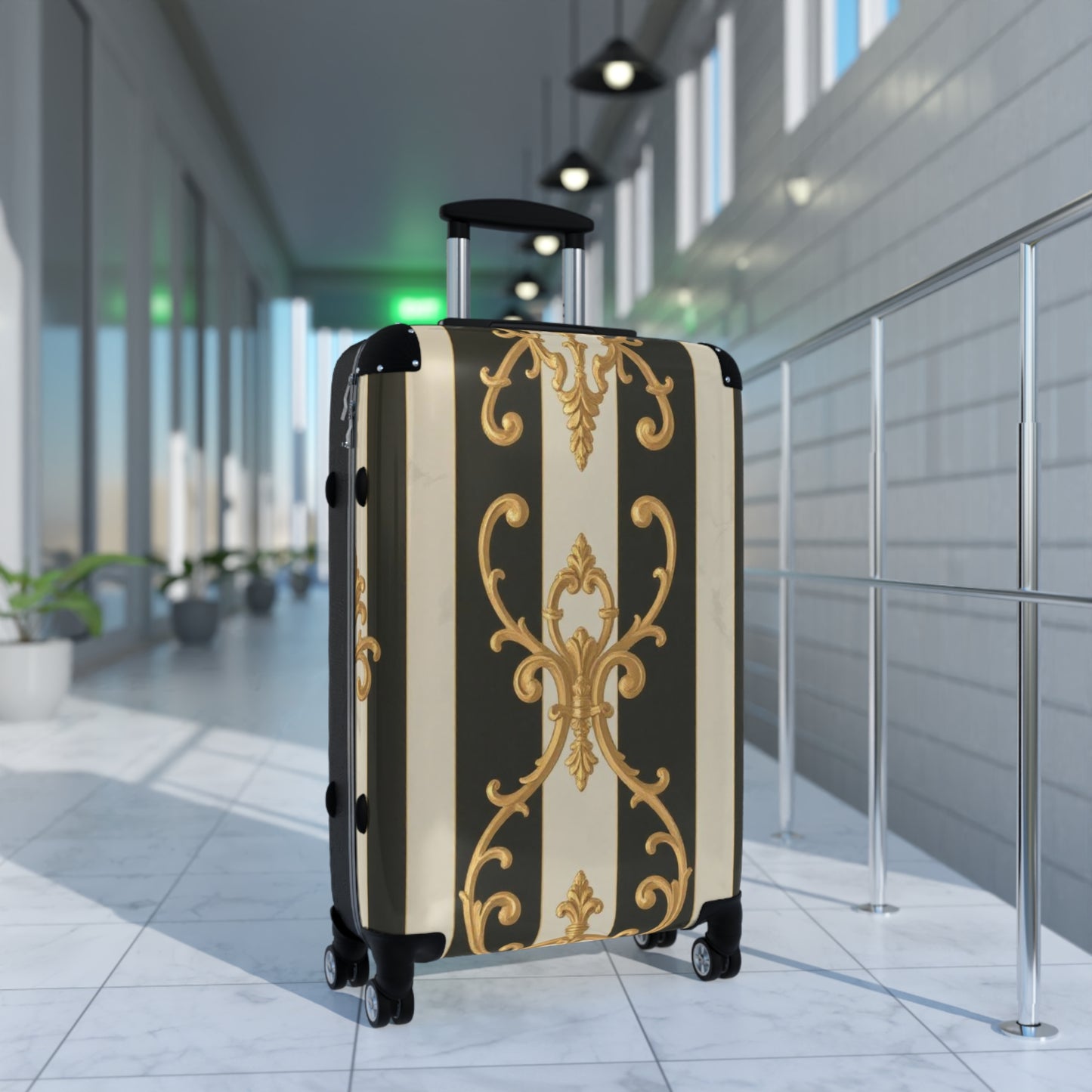 Stylish Black & Alabaster Striped Baroque Suitcase with Elegant Design, Travel Bag, Luggage, Vacation Accessories, Fashionable Carry-On