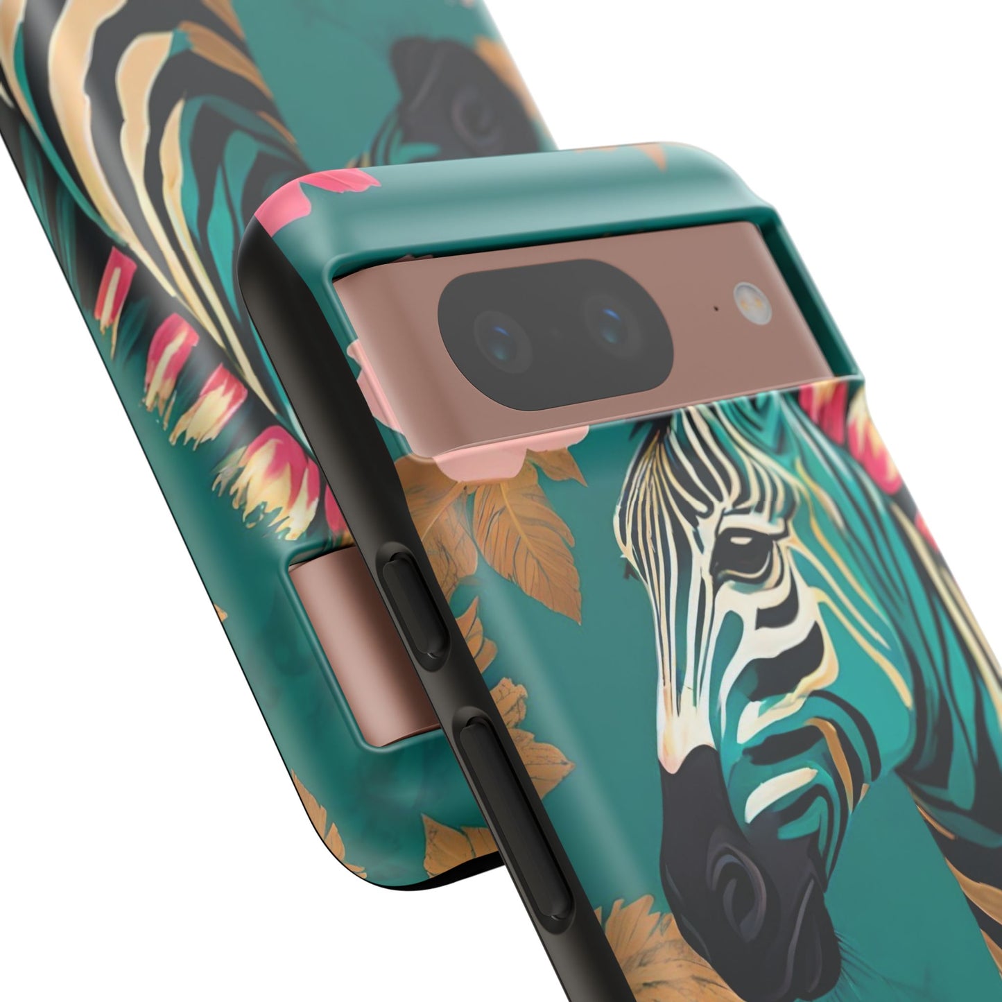 Phone Case - Elegant Teal & Gold Zebra & Roses Design