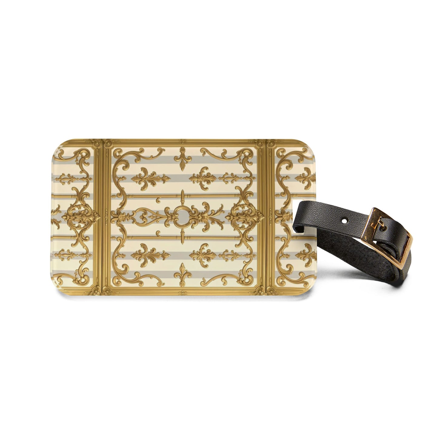 Elegant Vintage Luggage Tag, Travel Accessory, Personalized Baggage Identifier, Stylish Gift for Wanderlust - Matte Gray & Cream Striped Gold Baroque