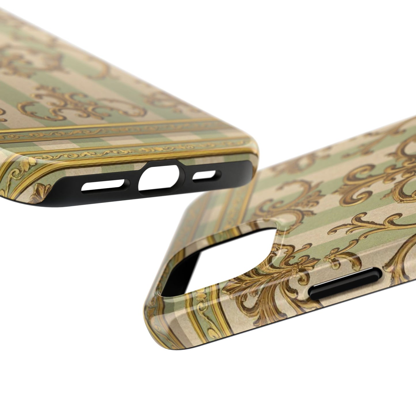 Vintage Elegance Phone Case, Tough Phone Cases for Style, Gift for Birthdays, Stylish Protection - Mint Green & Beige Striped Gold Baroque