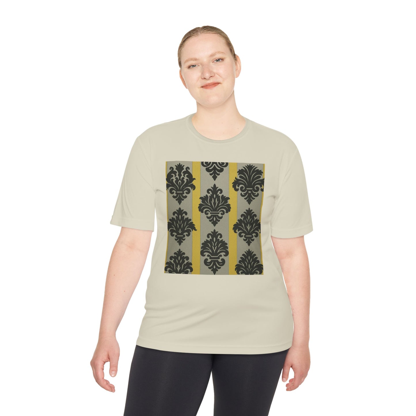Elegant Patterned Unisex Moisture Wicking Tee, Activewear, Casual Tee, Gift for Him/Her, Stylish Sportswear - Silver & Gold Striped Black Baroque