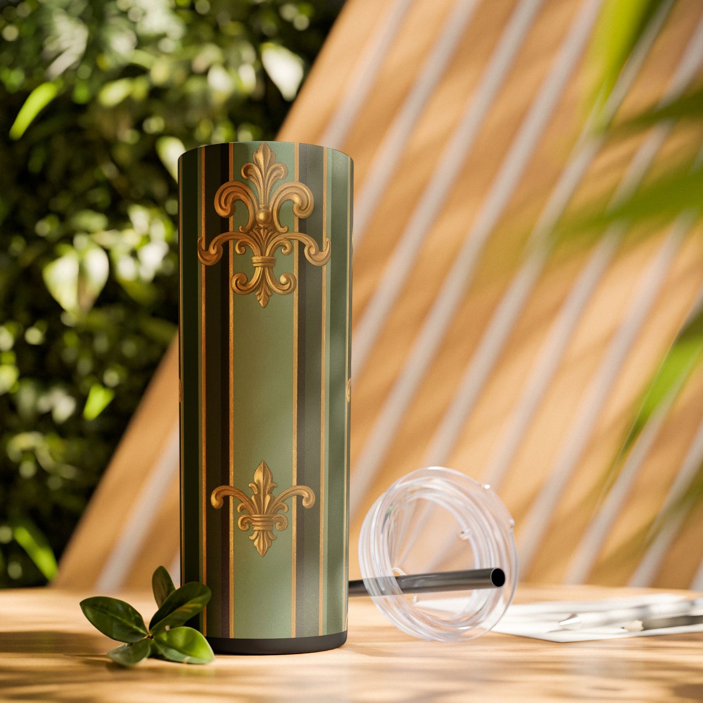 Elegant Green Striped Skinny Tumbler, 20oz Travel Mug, Reusable Cup, Perfect for Gifts, Parties, Home Decor - Green Striped Gold Baroque