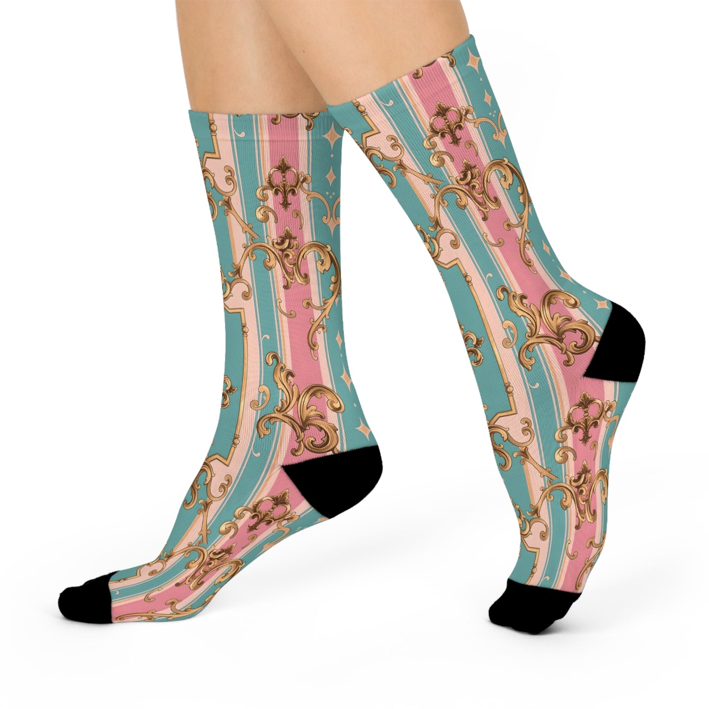 Stylish Cushioned Crew Socks, Comfortable Fashion Socks, Decorative Crew Length Socks - Pink & Matte Turquoise Striped Rococo