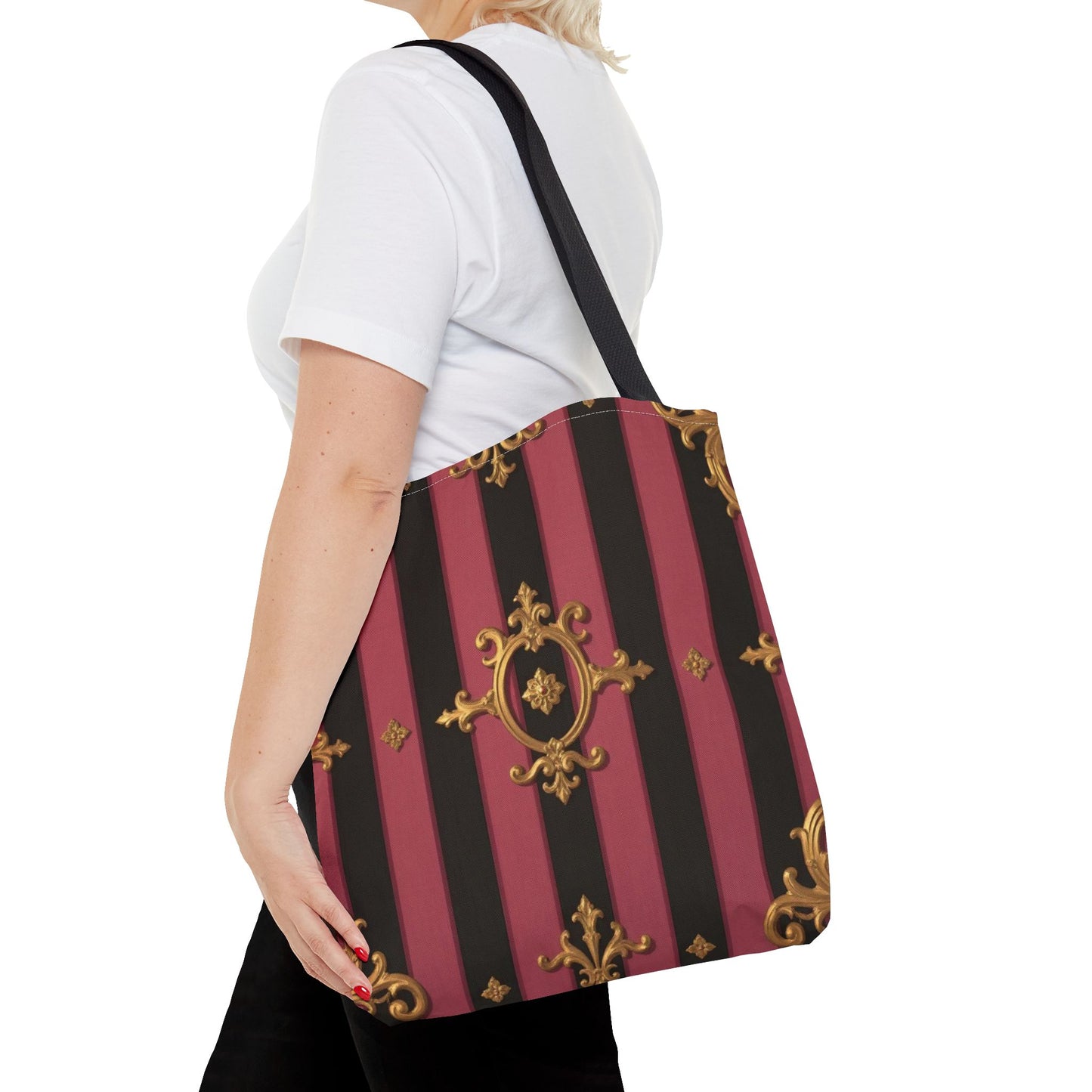 Elegant Black & Mauve Striped Gold Baroque Tote Bag - Chic Fashion Accessory, Shopping Companion, Decorative Carryall, Stylish Everyday Use