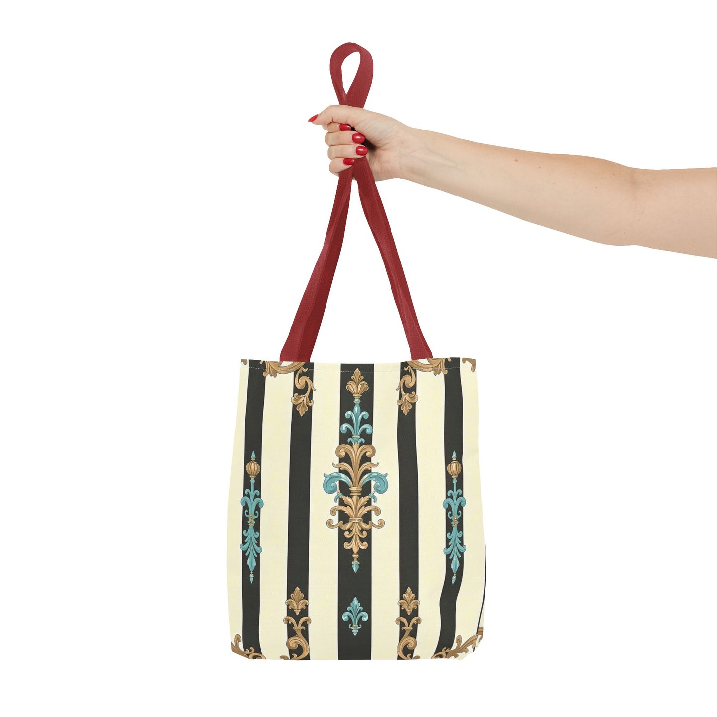 Elegant Stripe Pattern Tote Bag | Fashionable Reusable Shopping Tote, Eco-Friendly Gift Bag - Black Striped Turquoise & Black Rococo