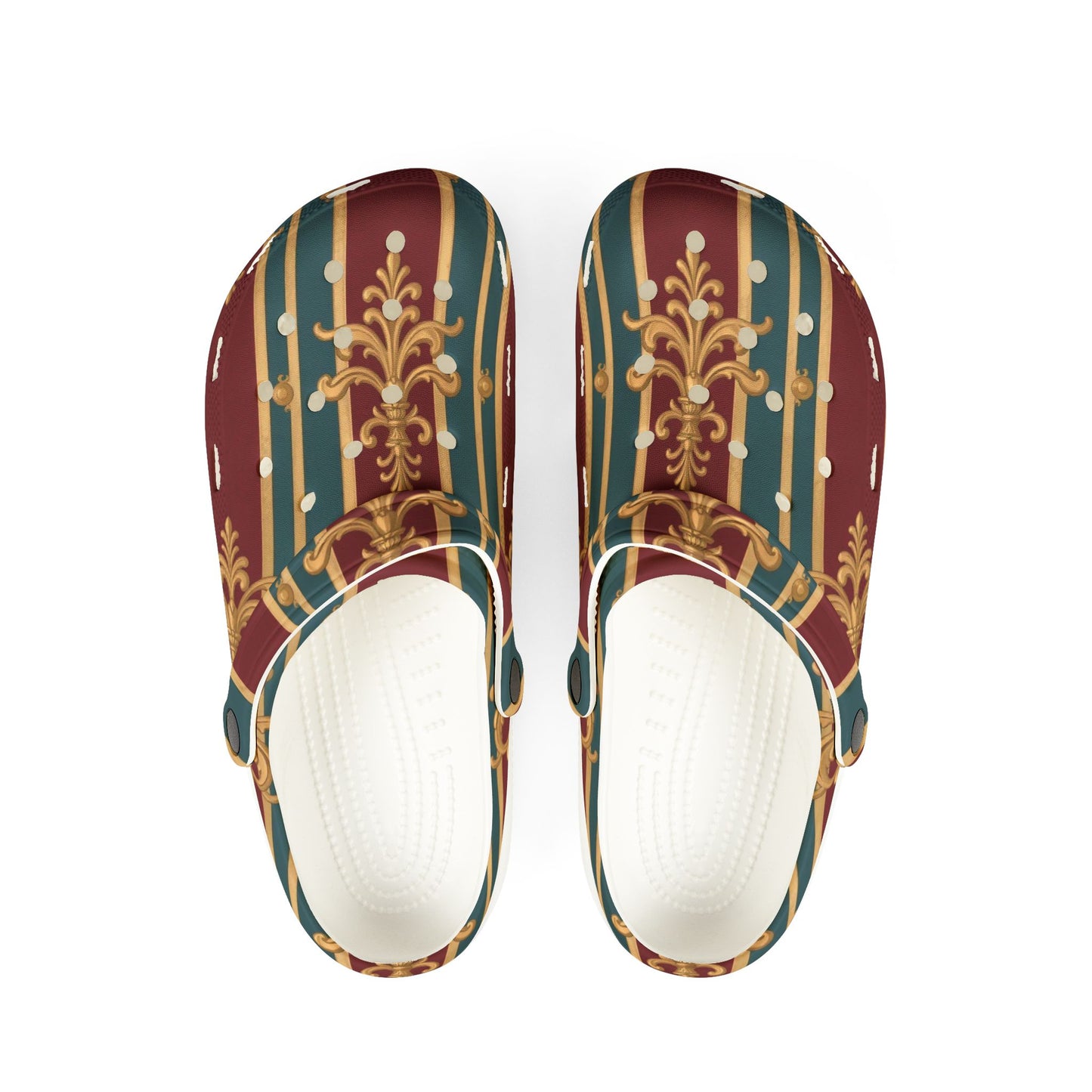 Stylish EVA Foam Slippers, Comfortable Home Footwear, Boho Slide-On Clogs for Relaxation, Gift for Her - Burgundy Striped Gold Baroque
