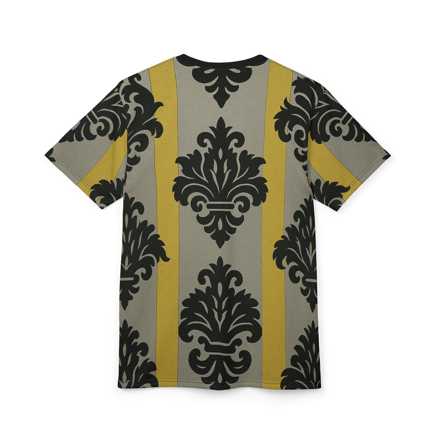 Chic Statement Tee, Trendy Fashion Shirt, Unique Graphic Tee, Stylish Casual Top, Perfect Gift for Fashion Lovers - Silver & Gold Striped Black Baroque