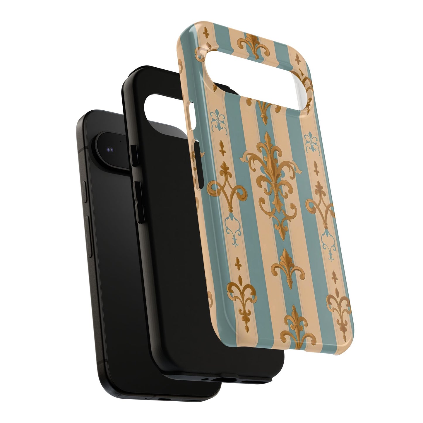 Elegant Floral Motif Phone Case - Tough Cases with Vintage Design -  Beige & Sky Blue Striped Gold Damask