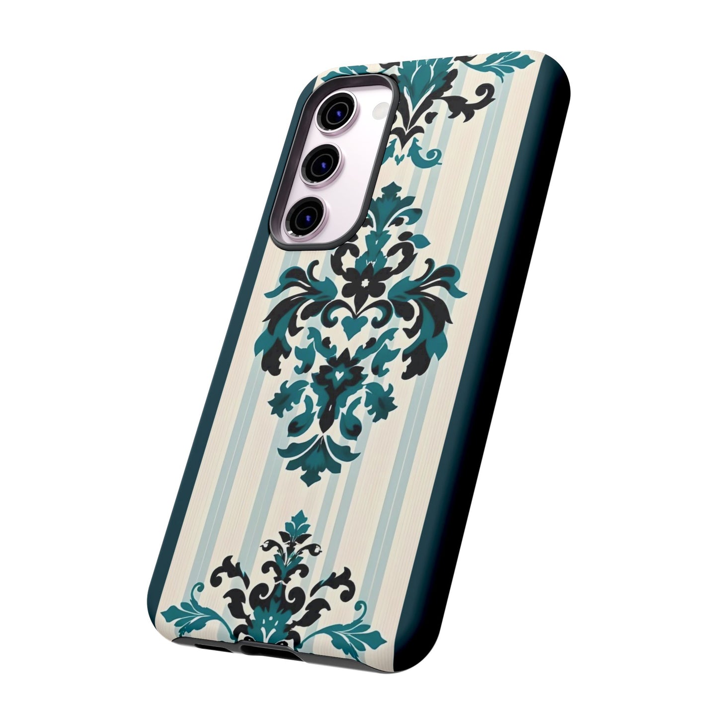 Elegant Floral Phone Case - Tough Cases with Vintage Design - Teal Striped Damask