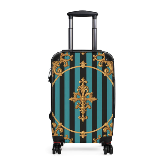 Elegant Turquoise & Black Striped Gold Baroque Travel Suitcase with Vintage Design, Decorative Luggage, Stylish Carry-On