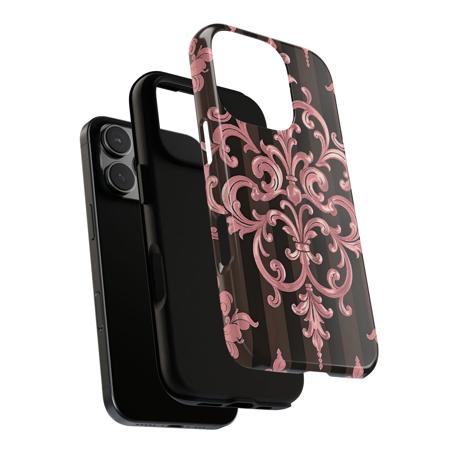 Elegant Floral Motif Phone Case - Tough Cases with Vintage Design - Brown Striped Mauve Damask