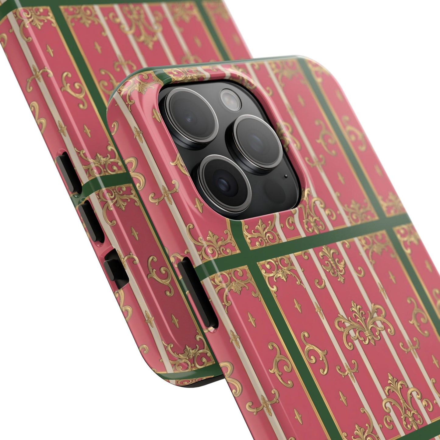 Elegant Green Border Pink Striped Baroque Phone Cases, Tough Phone Cases for Protection, Stylish Mobile Accessories, Gift for Her, Holiday Tech Gifts