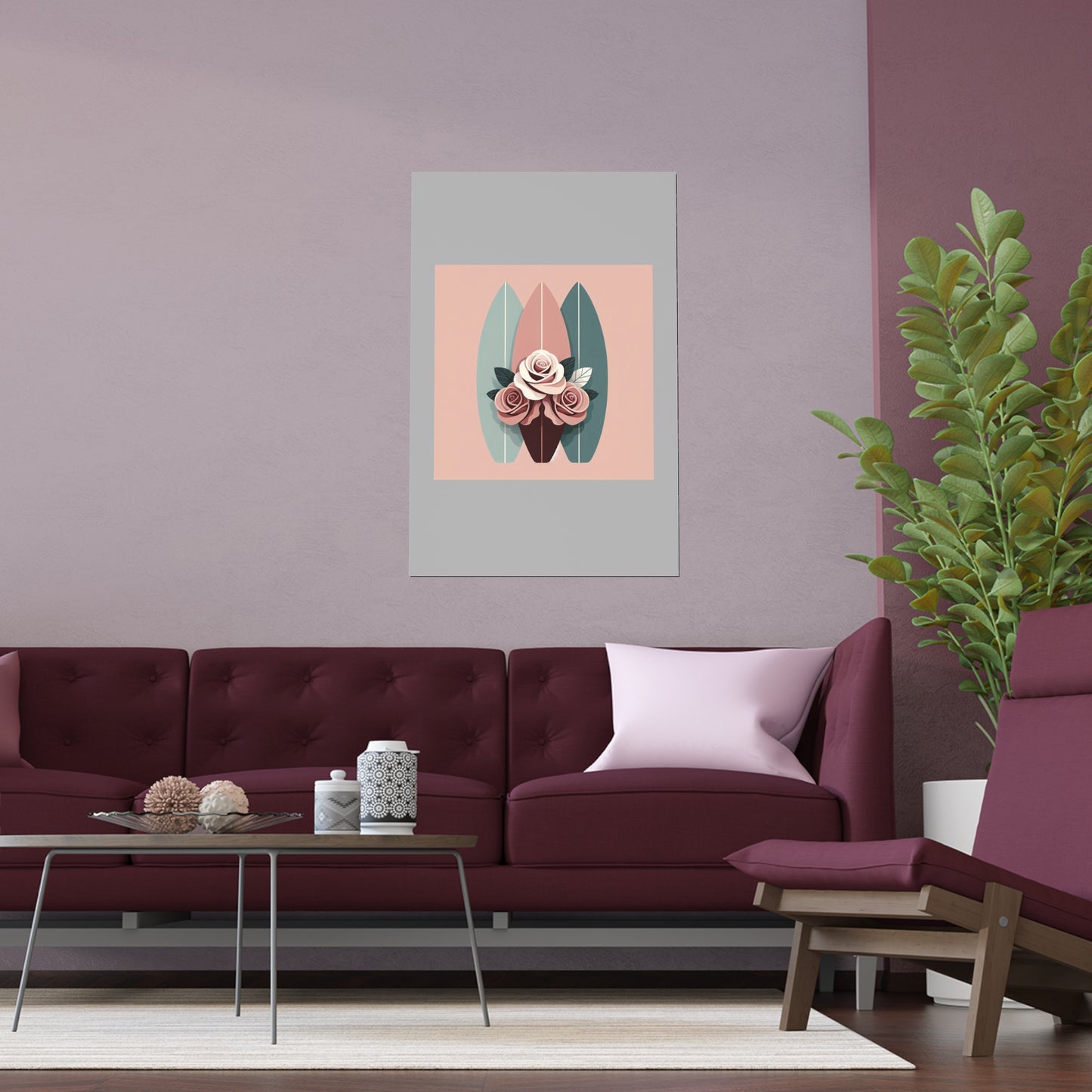 Elegant Floral Silk Poster - Indoor/Outdoor Wall Art for Home Decor - Burgundy, Matte Mauve & Teal Surfboard & Roses