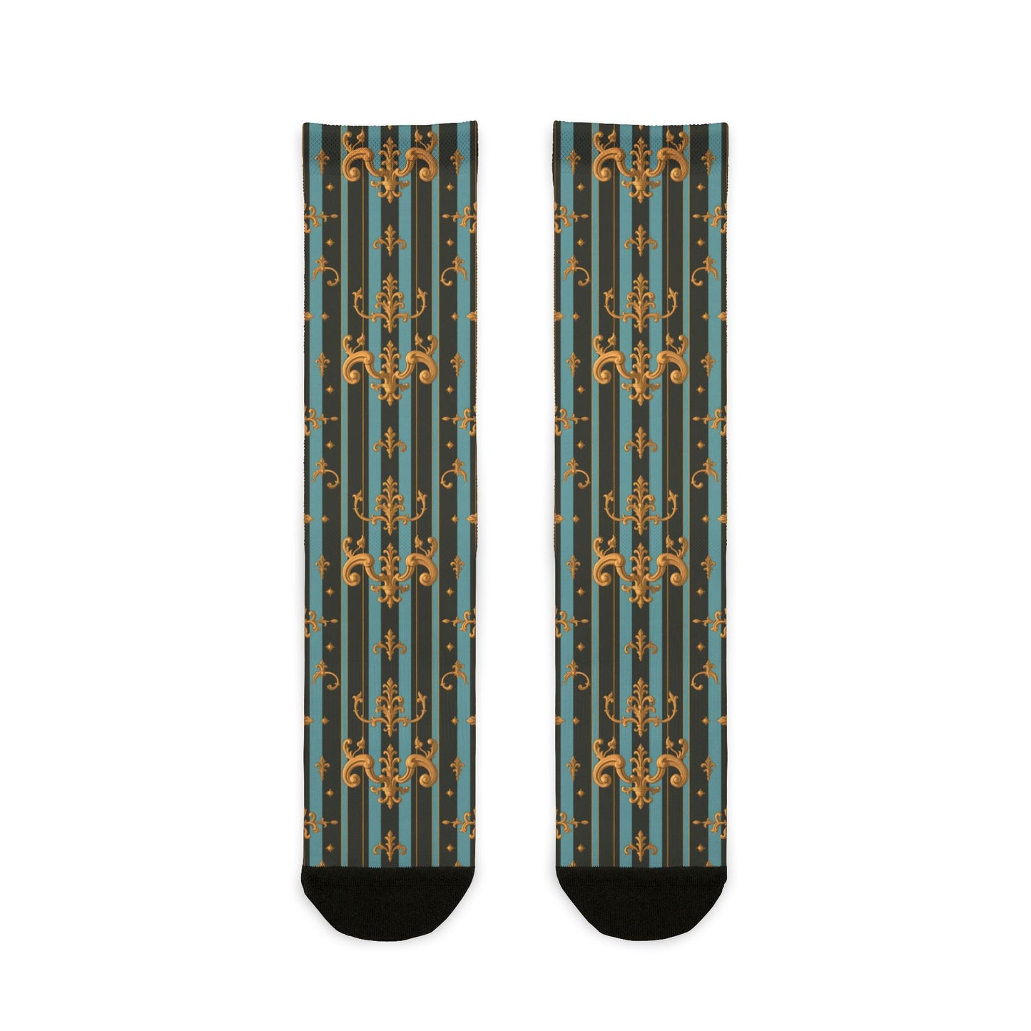 Stylish Sublimation Crew Socks, Unique Patterned Socks, Fashion Accessories for Everyday Use, Gift for Her/Him - Black & Turquoise Striped Baroque