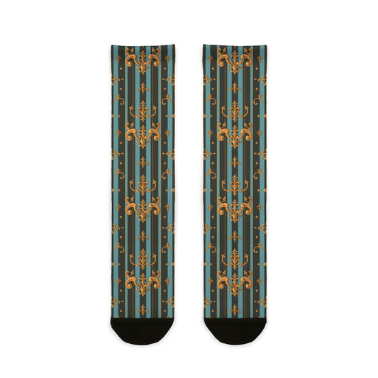 Stylish Sublimation Crew Socks, Unique Patterned Socks, Fashion Accessories for Everyday Use, Gift for Her/Him - Black & Turquoise Striped Baroque