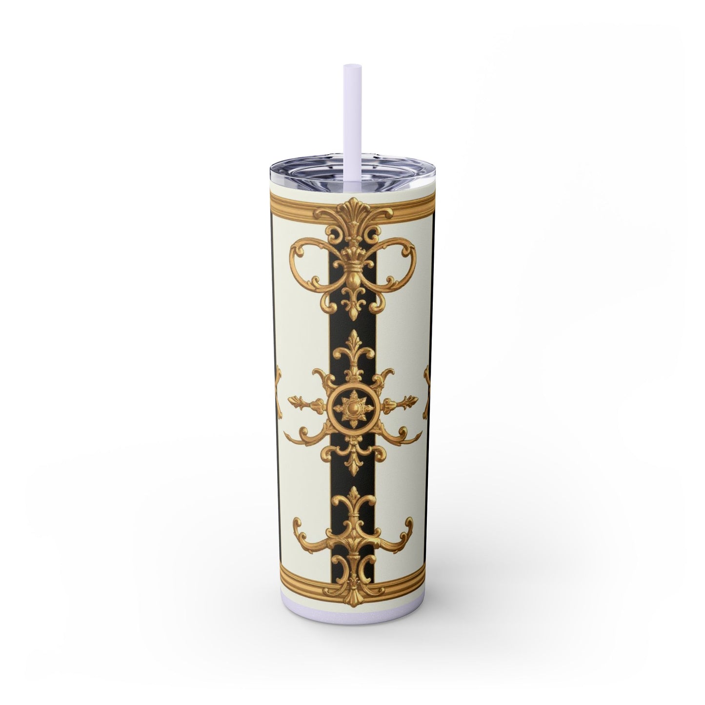 Elegant Gold Accents Skinny Tumbler, 20oz - Stylish Drinkware for Weddings, Parties, Gifts, or Everyday Use - Black & White Striped Gold Baroque