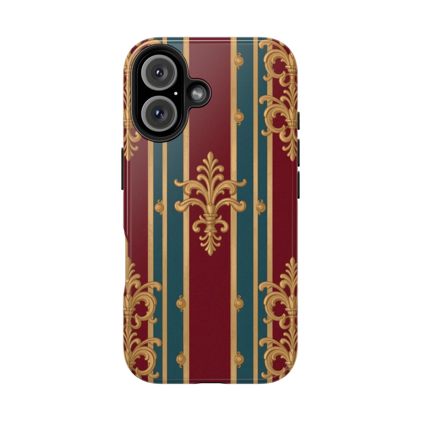 Elegant Vintage Tough Phone Case, Luxury Phone Protection, Stylish Phone Cover, Durable Phone Accessory - Burgundy Striped Gold Baroque