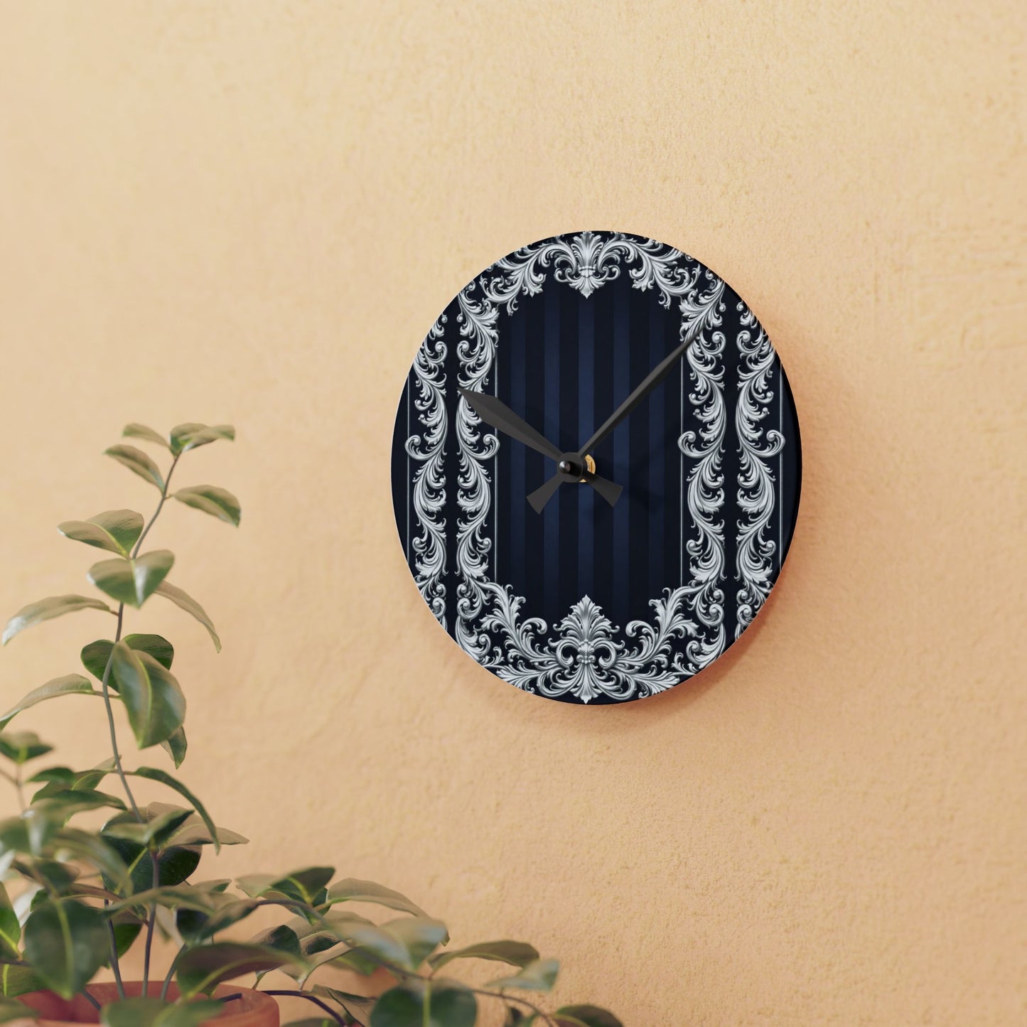 Vintage Baroque Acrylic Wall Clock — Navy Stripes & Baroque Silver Frame