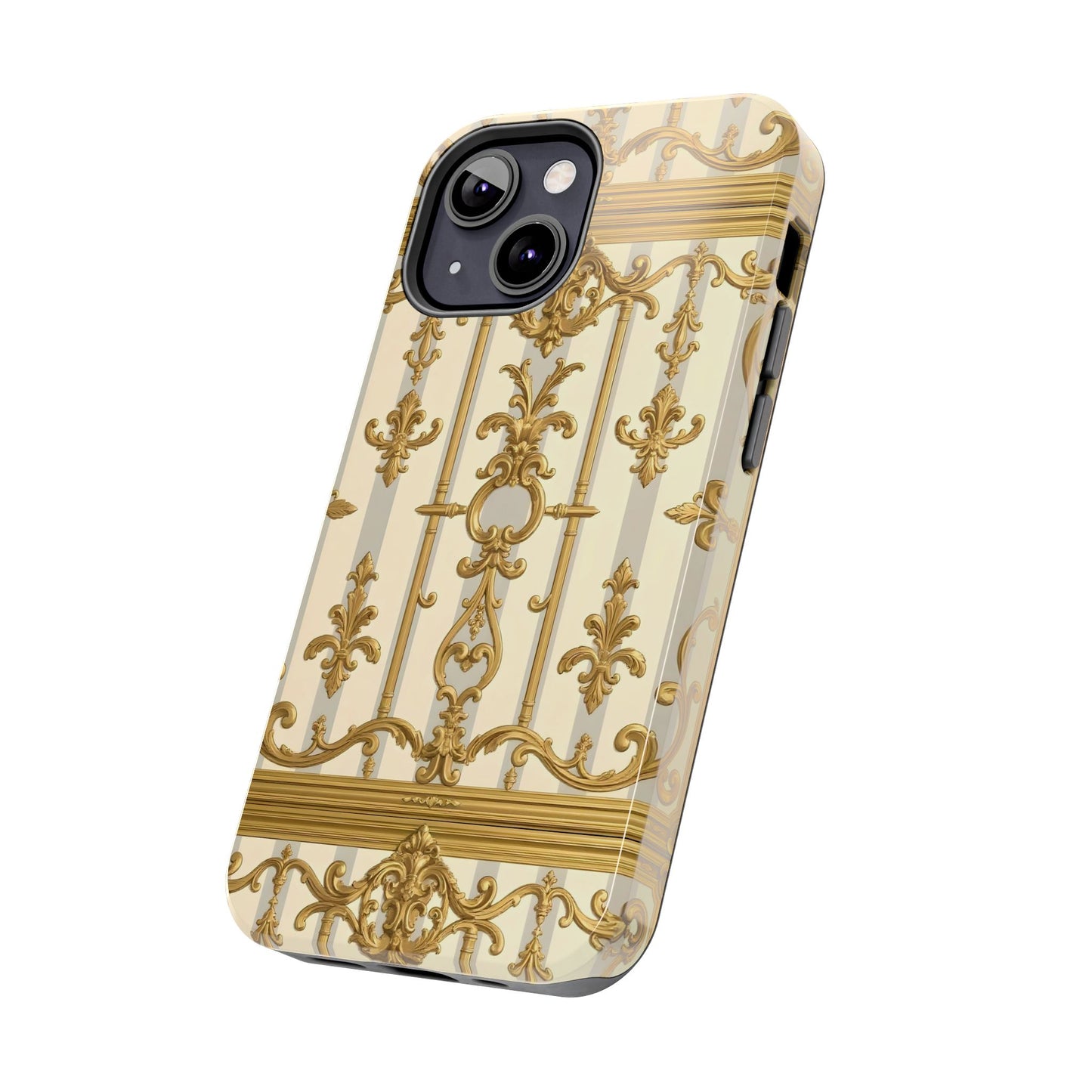 Elegant Gold Pattern Tough Phone Cases | Stylish Phone Covers, Trendy Cell Phone Accessories - Matte Gray & Cream Striped Gold Baroque