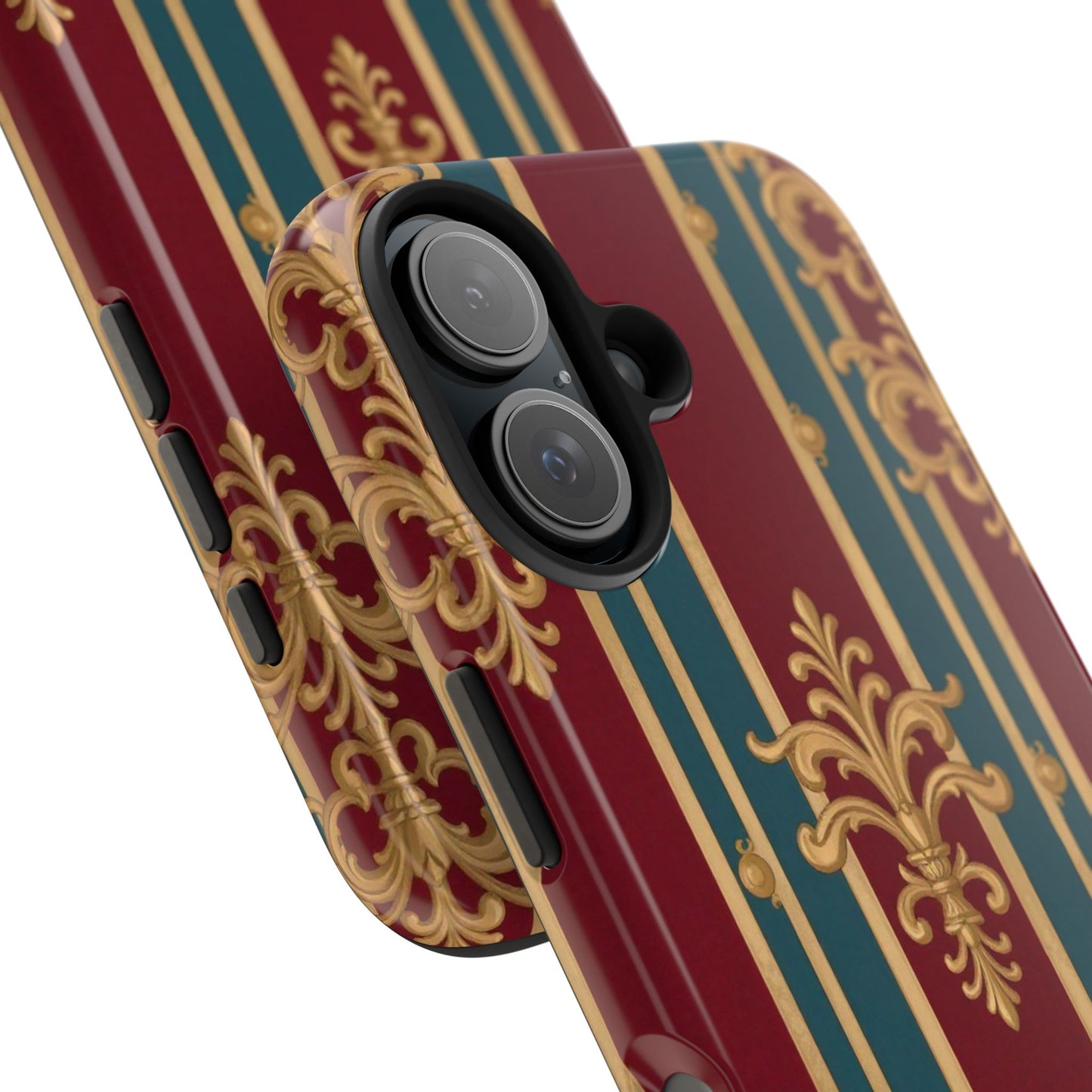 Elegant Vintage Tough Phone Case, Luxury Phone Protection, Stylish Phone Cover, Durable Phone Accessory - Burgundy Striped Gold Baroque