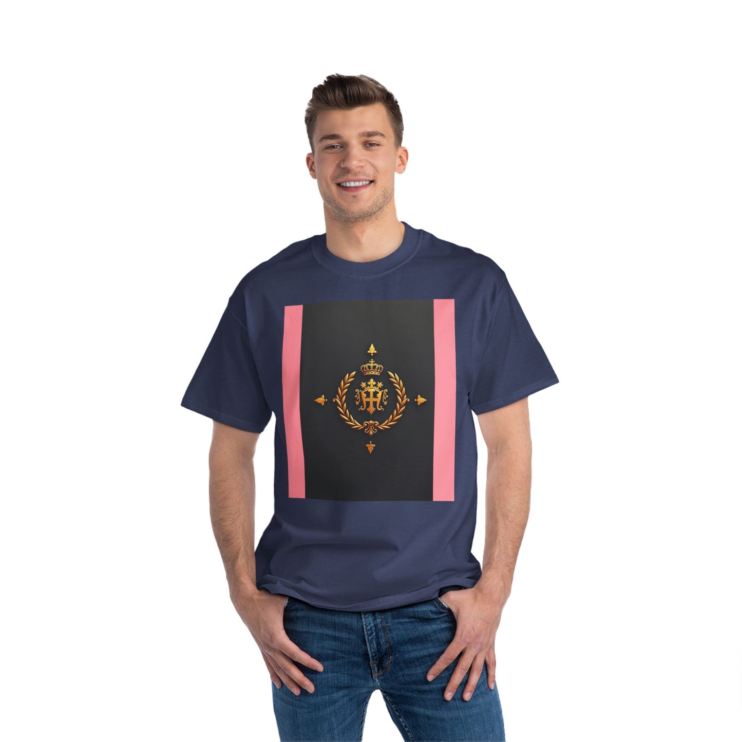 Short-Sleeve Graphic T-Shirt, Stylish Casual Wear, Trendy Gift for Friends, Summer Fashion, Statement Tee, Everyday Comfort - Pink Striped Gold Crest