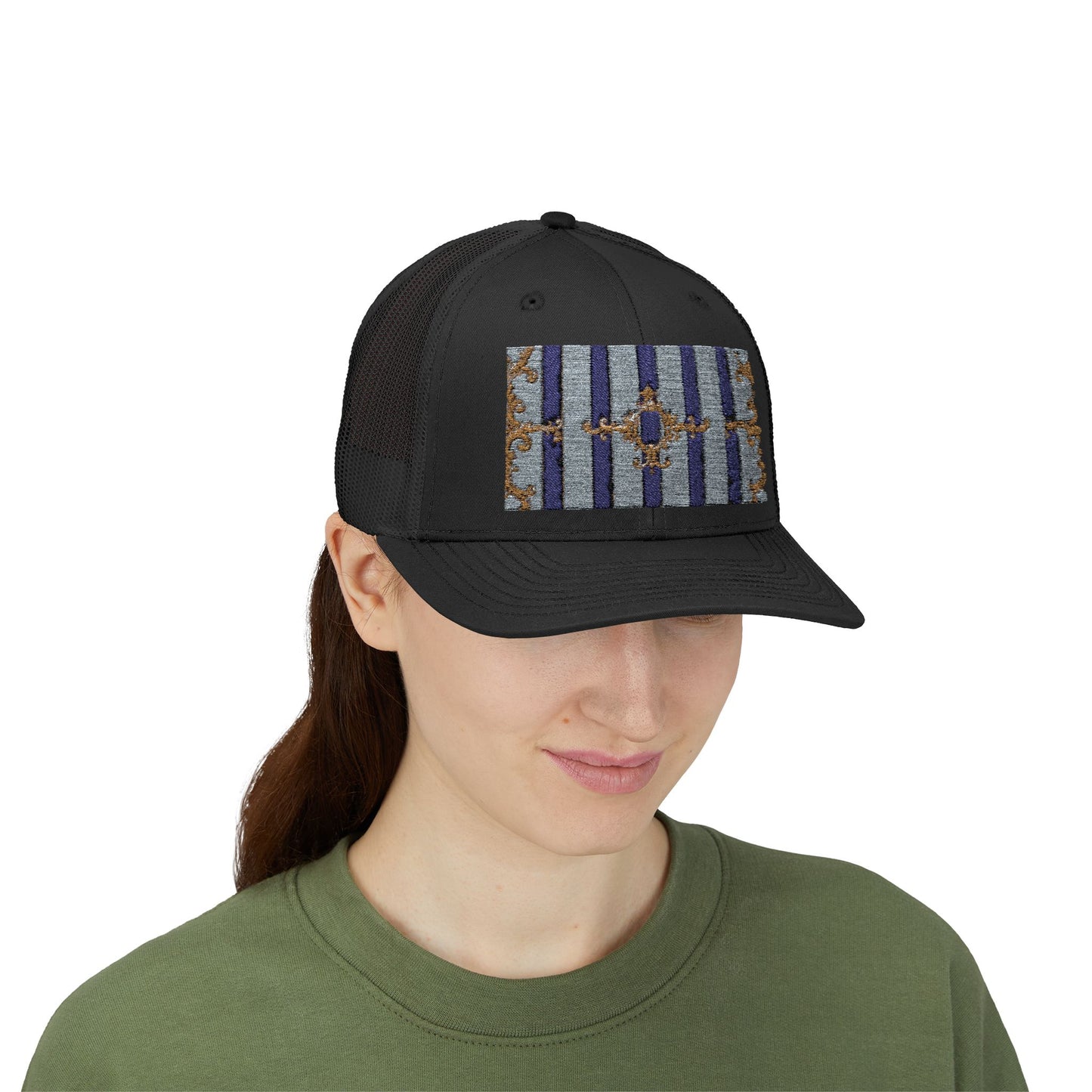 Stylish Snapback Trucker Cap with Vibrant Pattern, Trendy Hat for Outdoor Adventures, Casual Wear - Striped Gold Baroque