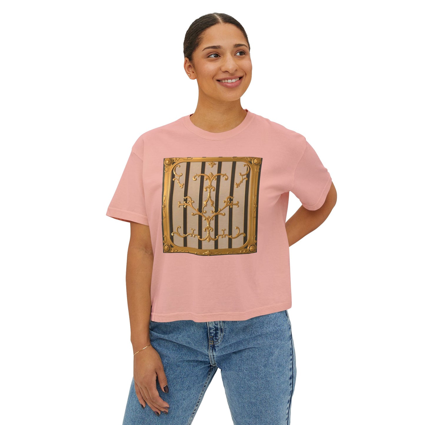 Women's Boxy Tee - Beige Striped Gold Rococo