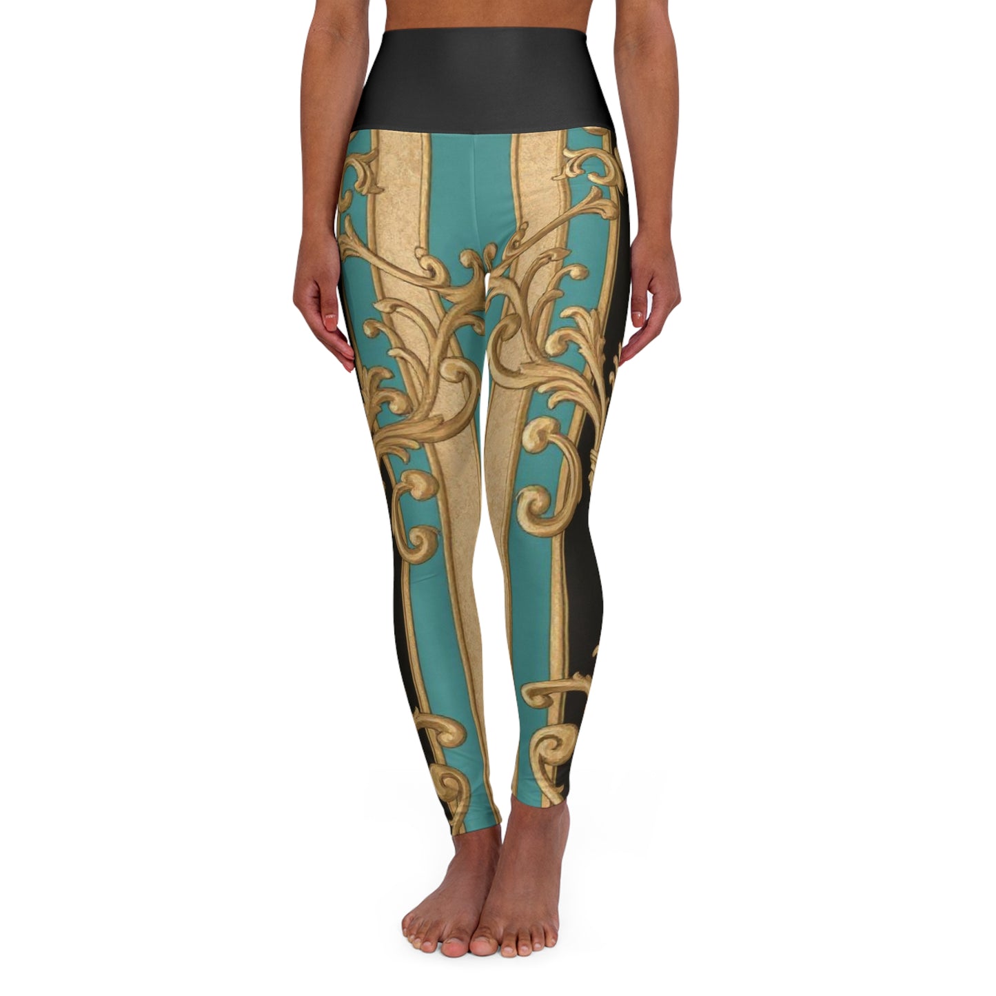 Elegant Black, Tan & Ocean Green Striped Gold Baroque High Waisted Yoga Leggings - Stylish Activewear, Fitness Fashion, Workout Gear