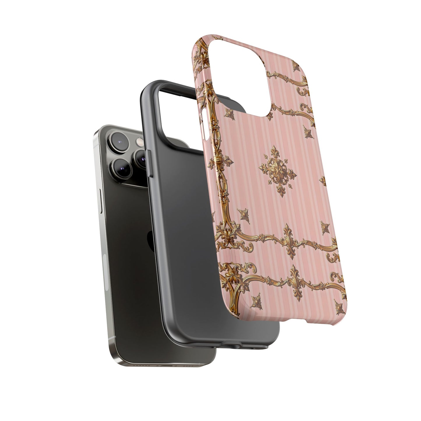 Elegant Floral Phone Case, Tough Cases for Women, Trendy Phone Cover, Chic Gift - Pink Striped Gold Baroque