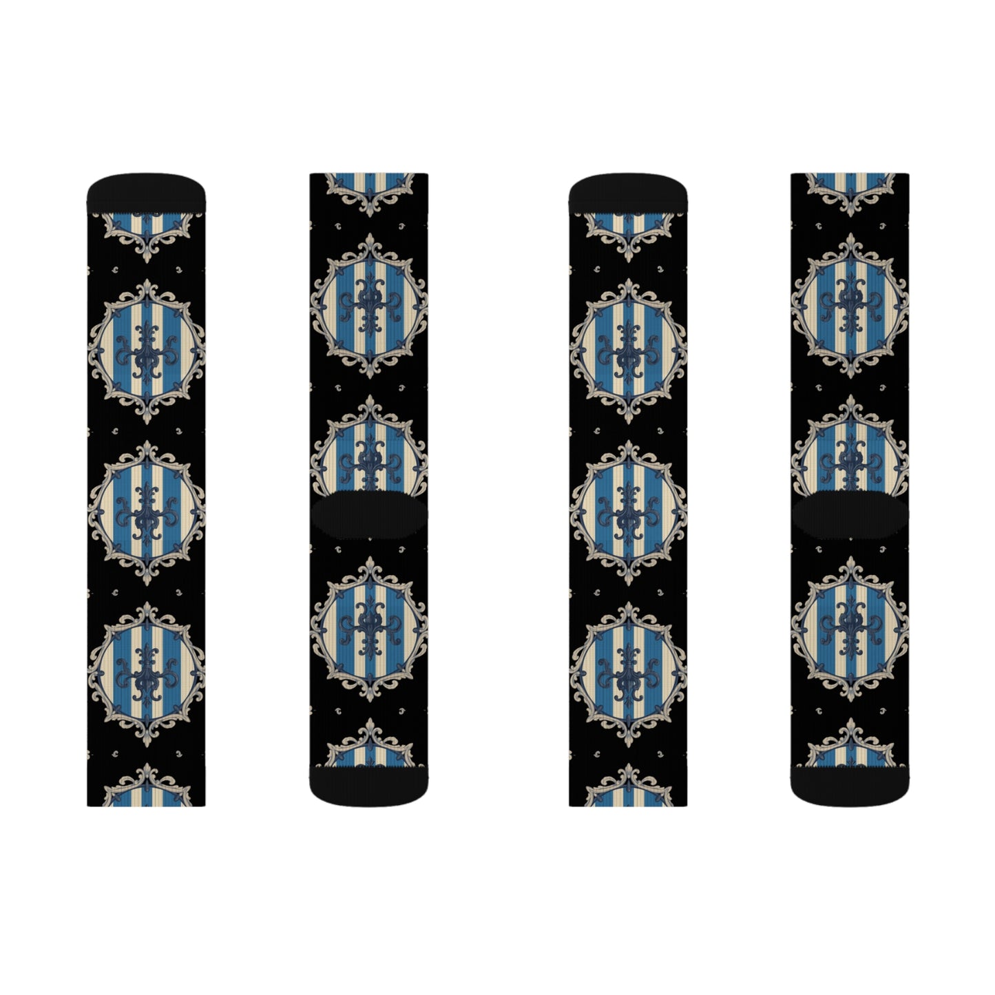 Chic Blue & Alabaster Striped Baroque Patterned Socks for Cozy Fashion, Sublimation Socks, Unique Gift for Her, Stylish Wardrobe Addition