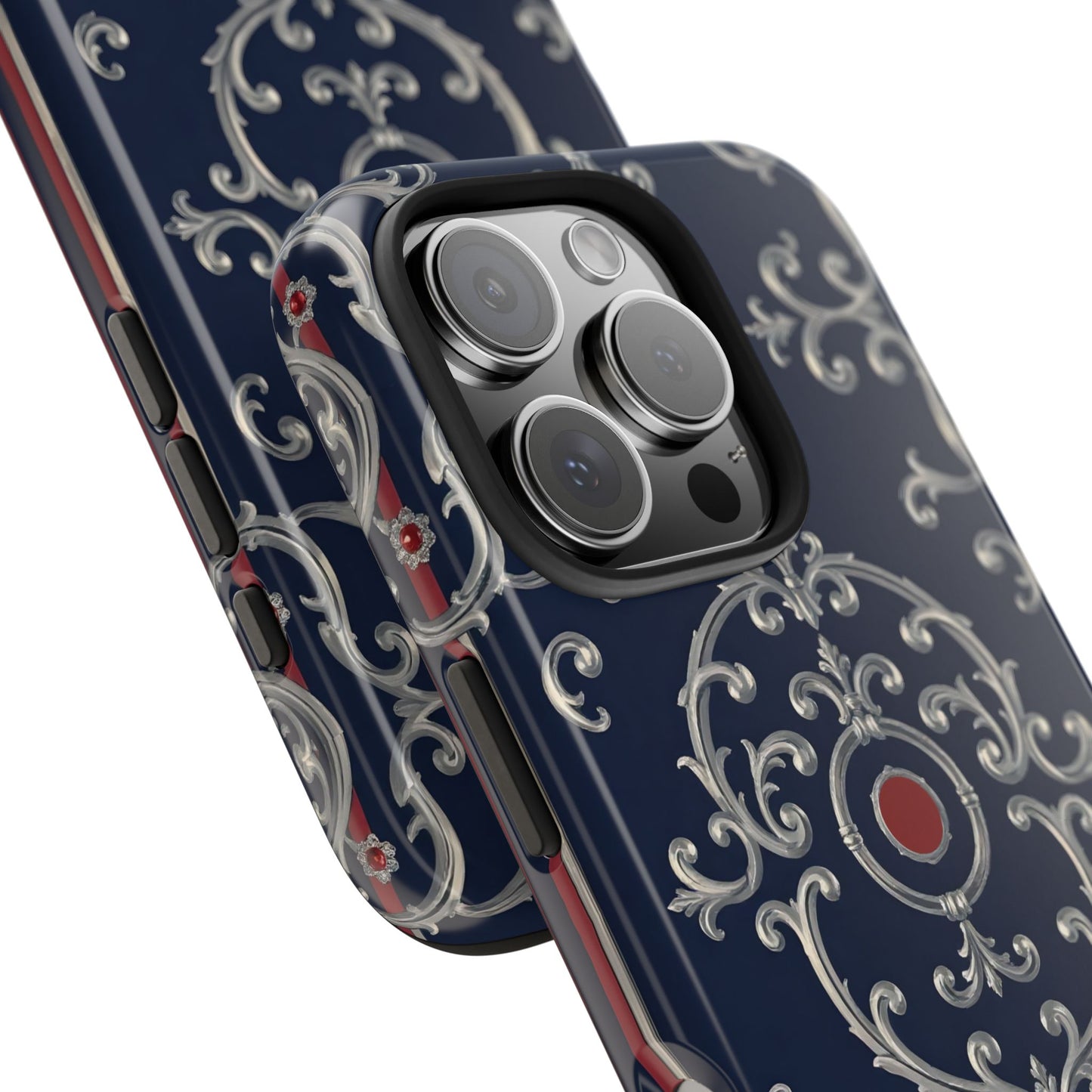 Elegant Patterned Tough Phone Cases for Stylish Protection, Gift for Her, Unique Accessories - Blue & Red Striped Silver Baroque