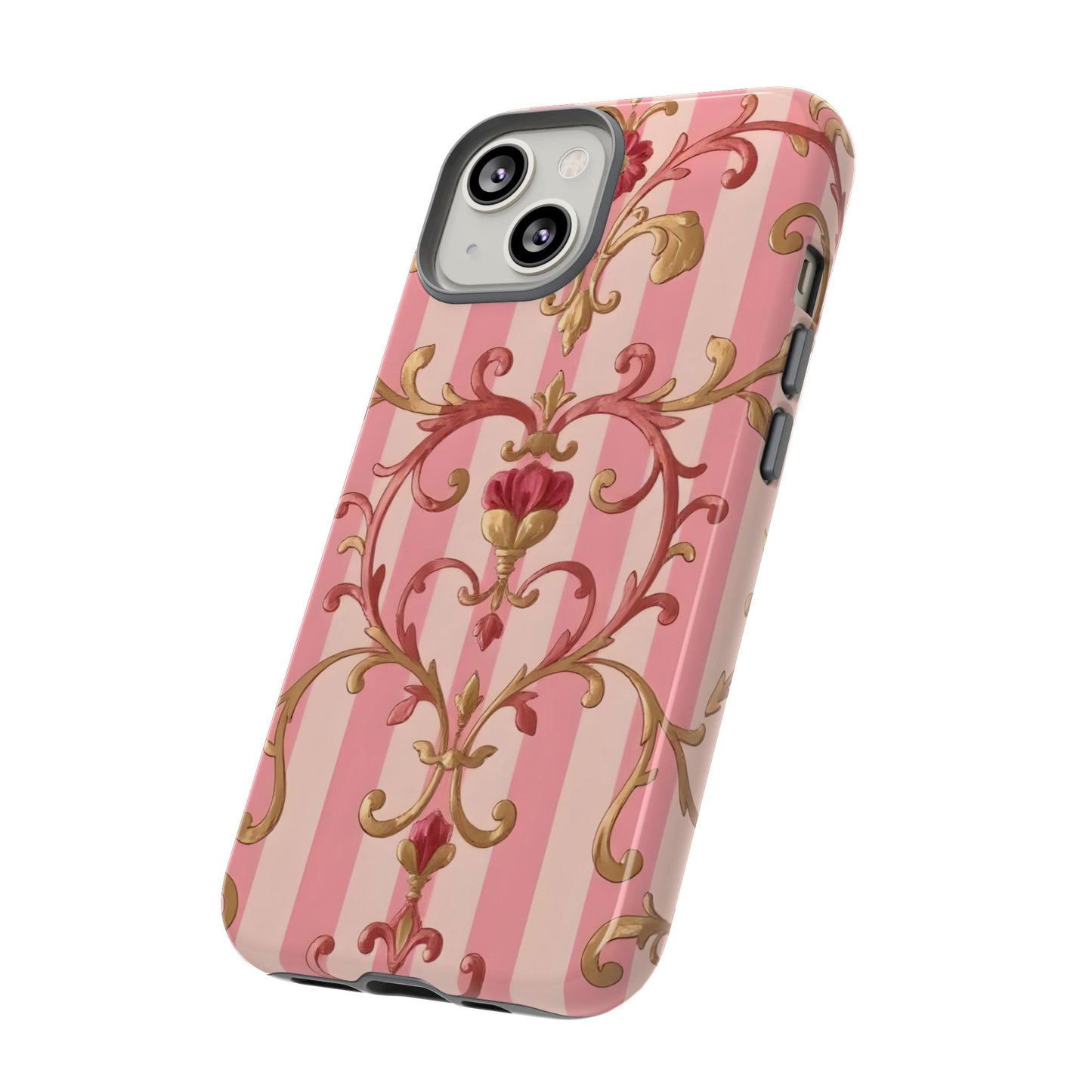 Elegant Floral Motif Phone Case - Tough Cases with Vintage Design - Pink Striped Rose Gold Damask