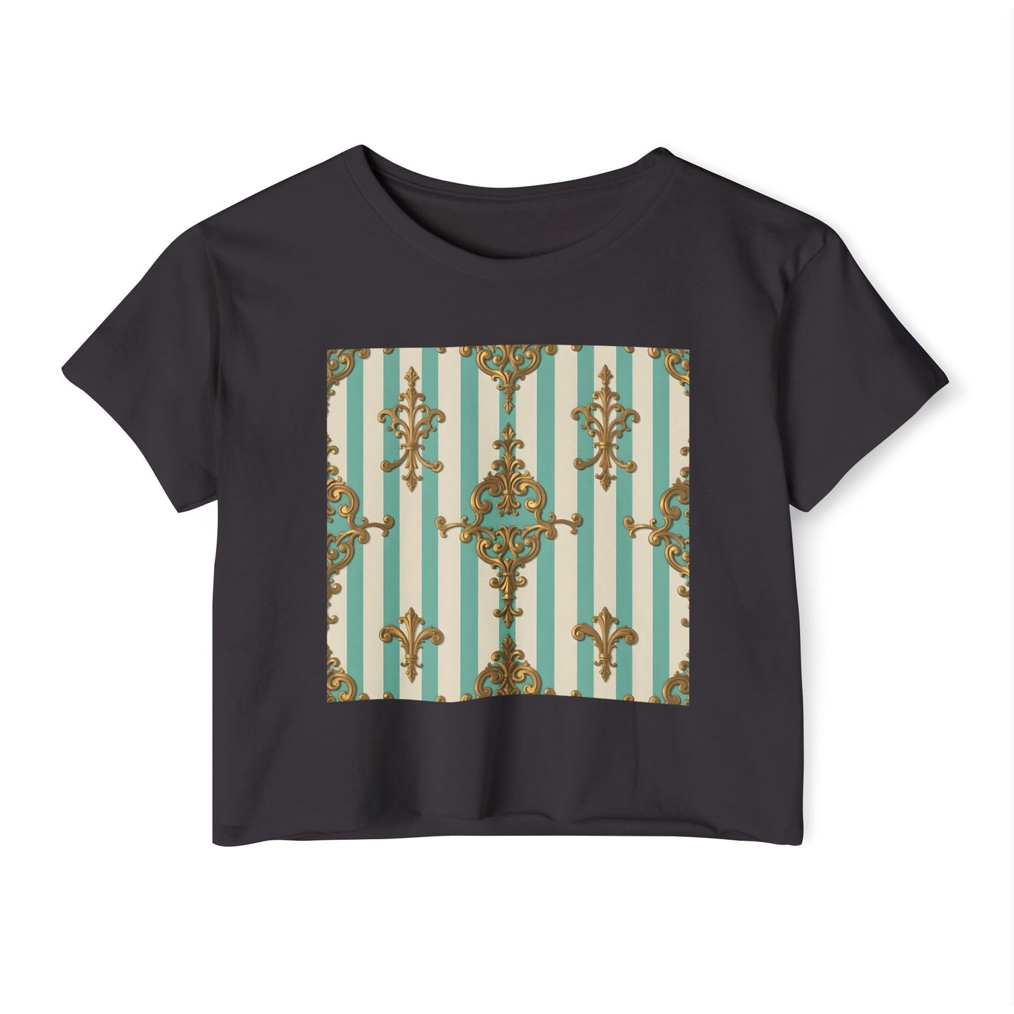 Boho Chic Women's Festival Crop Top - Trendy Summer Wear, Beach Party Fashion - Matte Green Striped Rococo