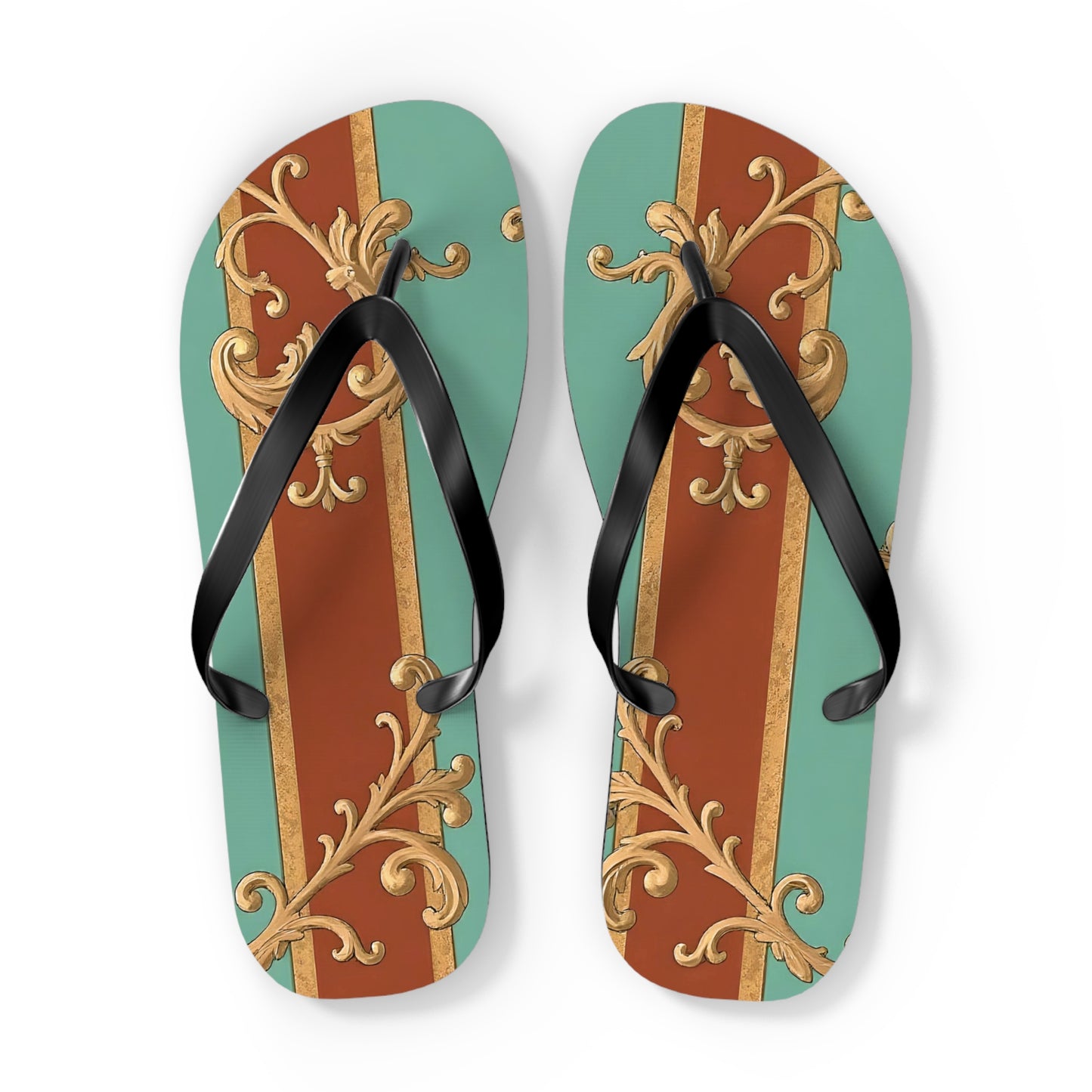 Elegant Vintage Flip Flops with Ornate Design - Perfect for Summer & Beach Getaways - Rust & Mint Aqua Striped Baroque