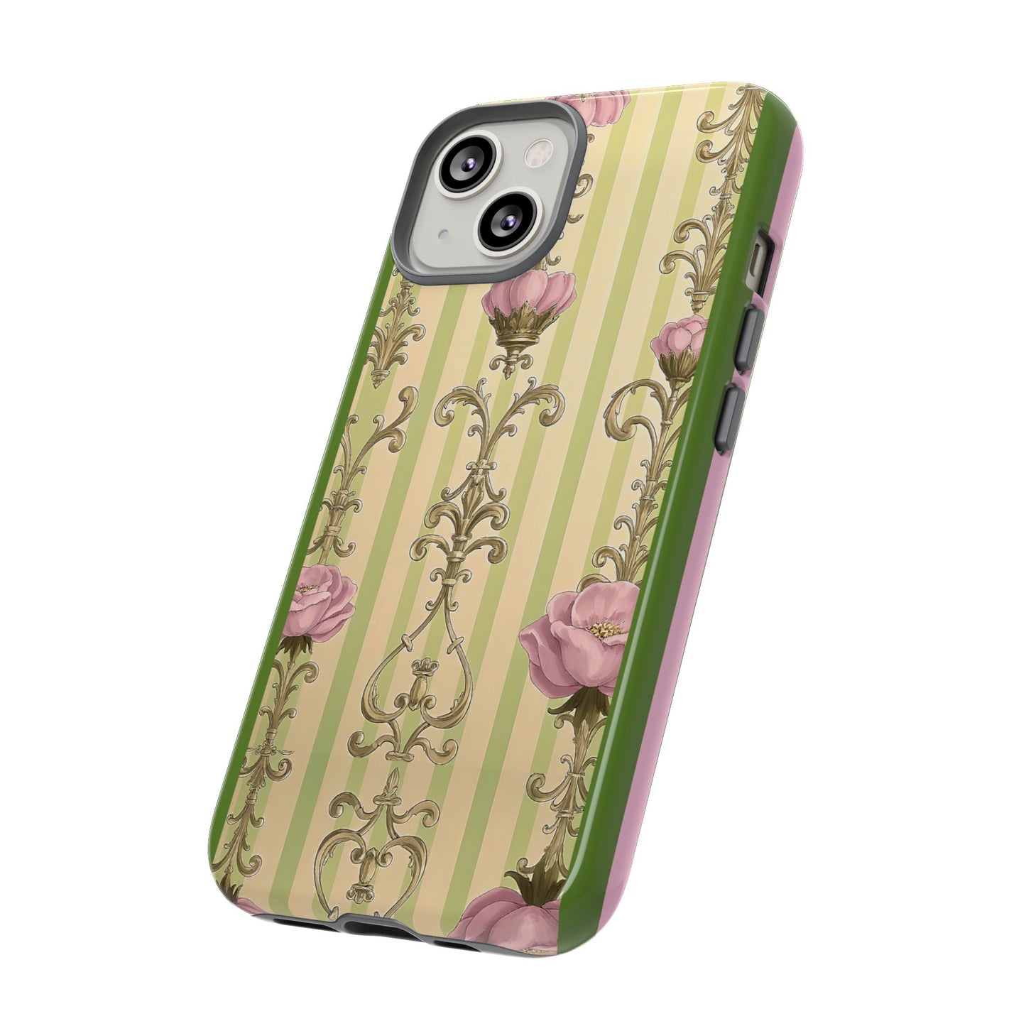 Elegant Floral Motif Phone Case - Tough Cases with Vintage Design - Lime Green & Pink Striped Damask
