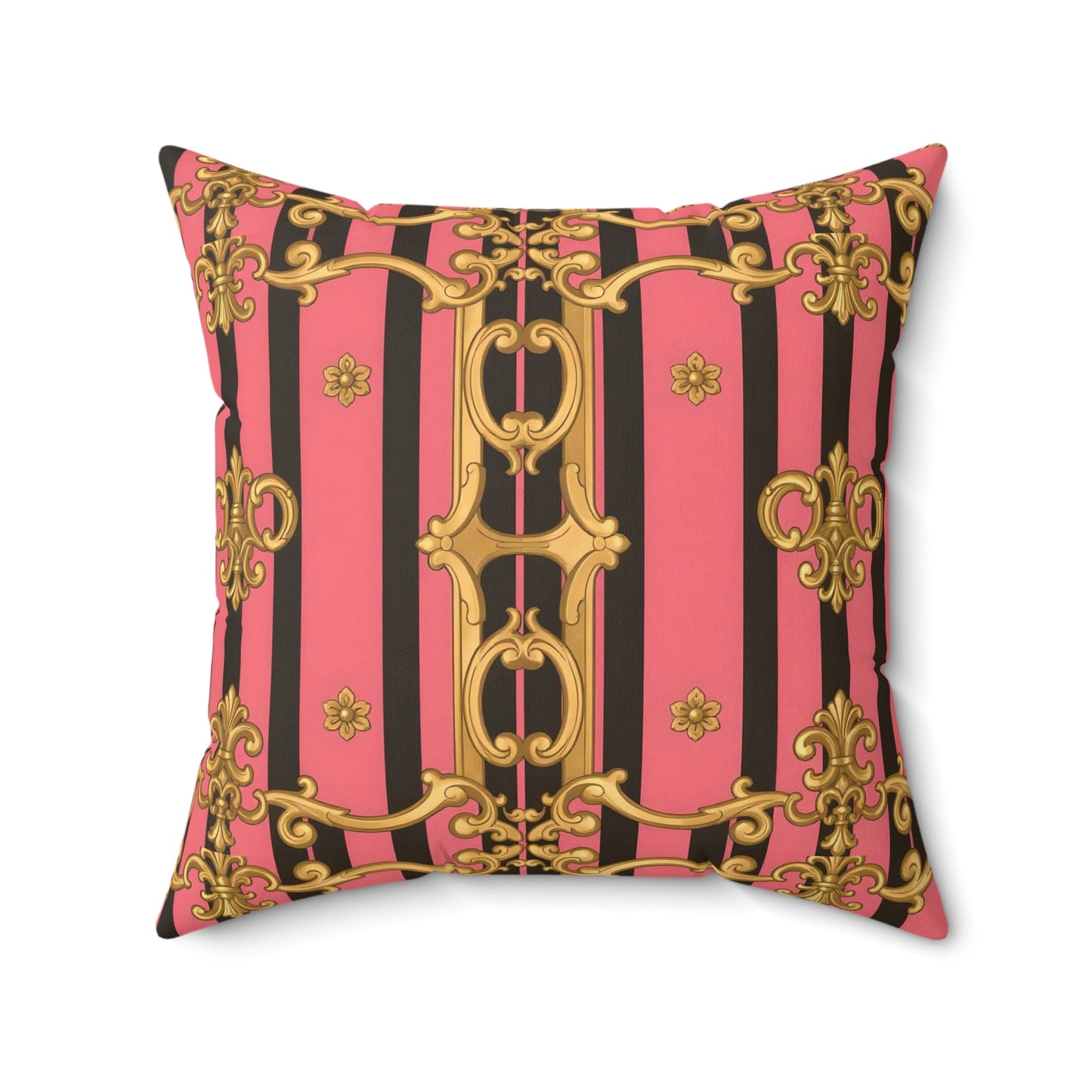 Ornate Faux Suede Pillow, Baroque Decor, Couch Cushion, Glamorous Throw Pillow - Pink & Black Striped Gold Baroque