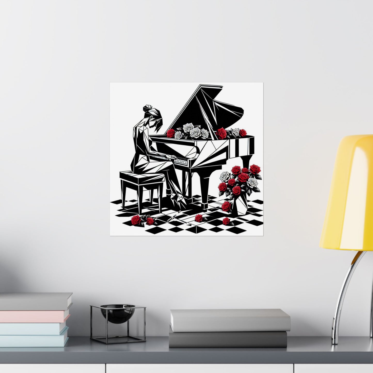 Vertical Poster - Black & White Grand Piano & Red Roses Design