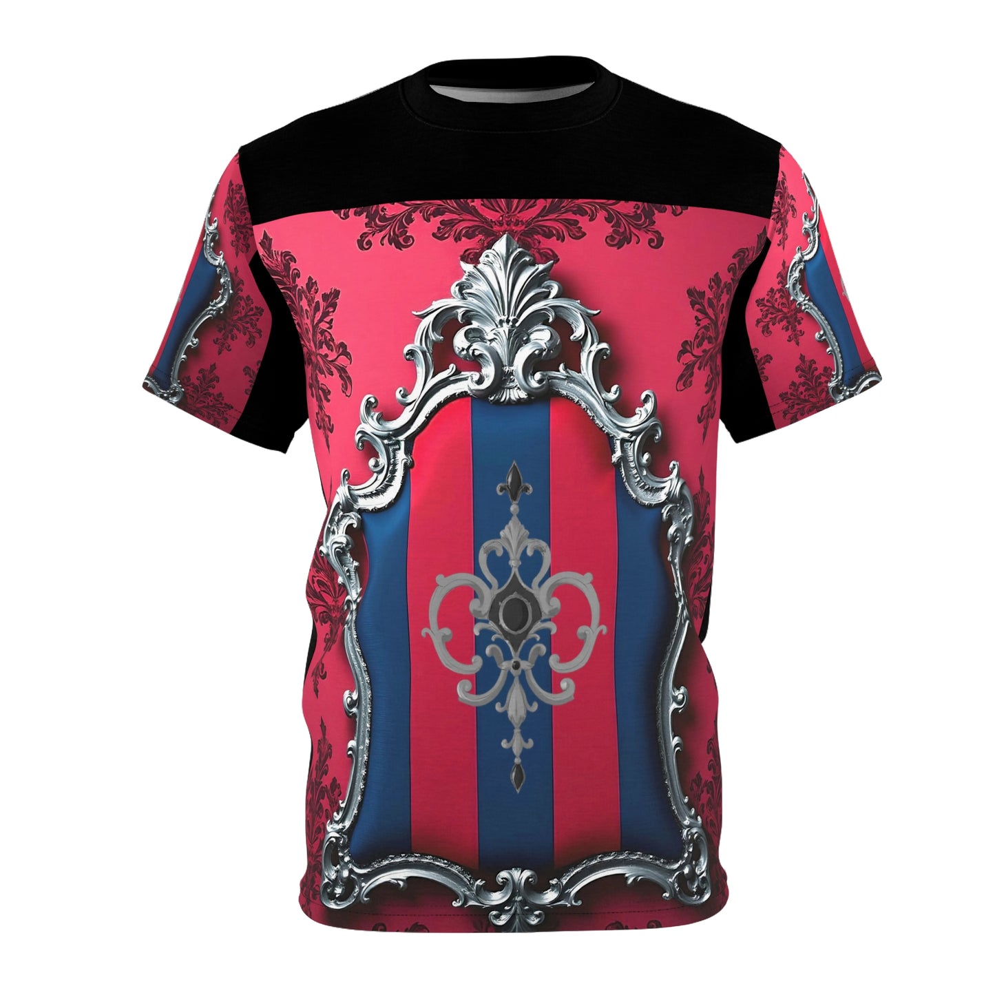Baroque Elegance Unisex Tee, Unique Graphic T-Shirt, Bold Fashion Statement, Gift for Art Lovers - Blue & Red Striped Silver Crest