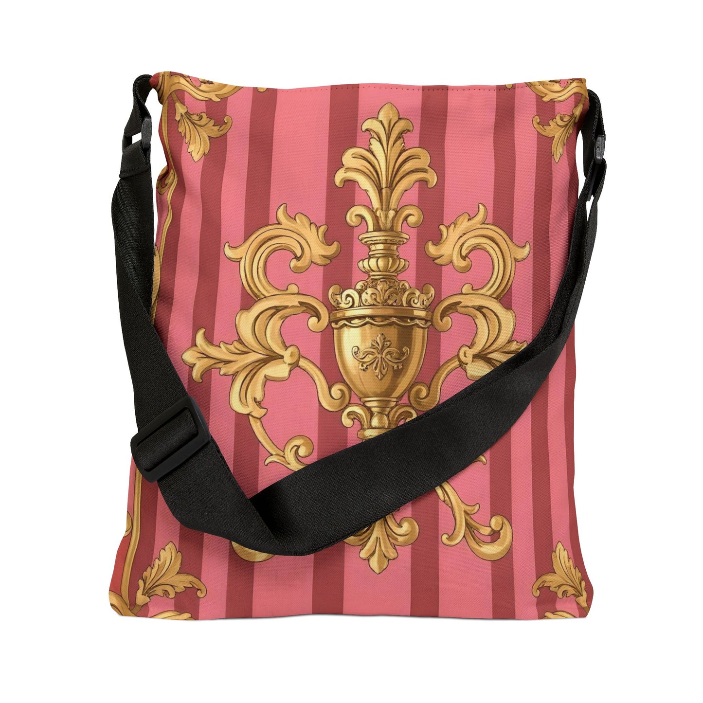 Elegant Floral Adjustable Tote Bag, Stylish Handbag for Everyday Use, Perfect for Shopping, Beach, Gifts, Travel - Pink Striped Gold Baroque
