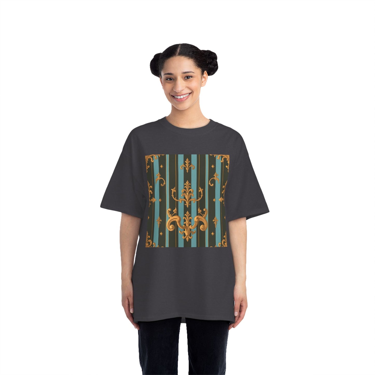 Elegant Vintage Pattern T-Shirt, Stylish Tee for Everyday Wear, Retro Design Shirt, Perfect Gift for Art Lovers - Black & Turquoise Striped Baroque