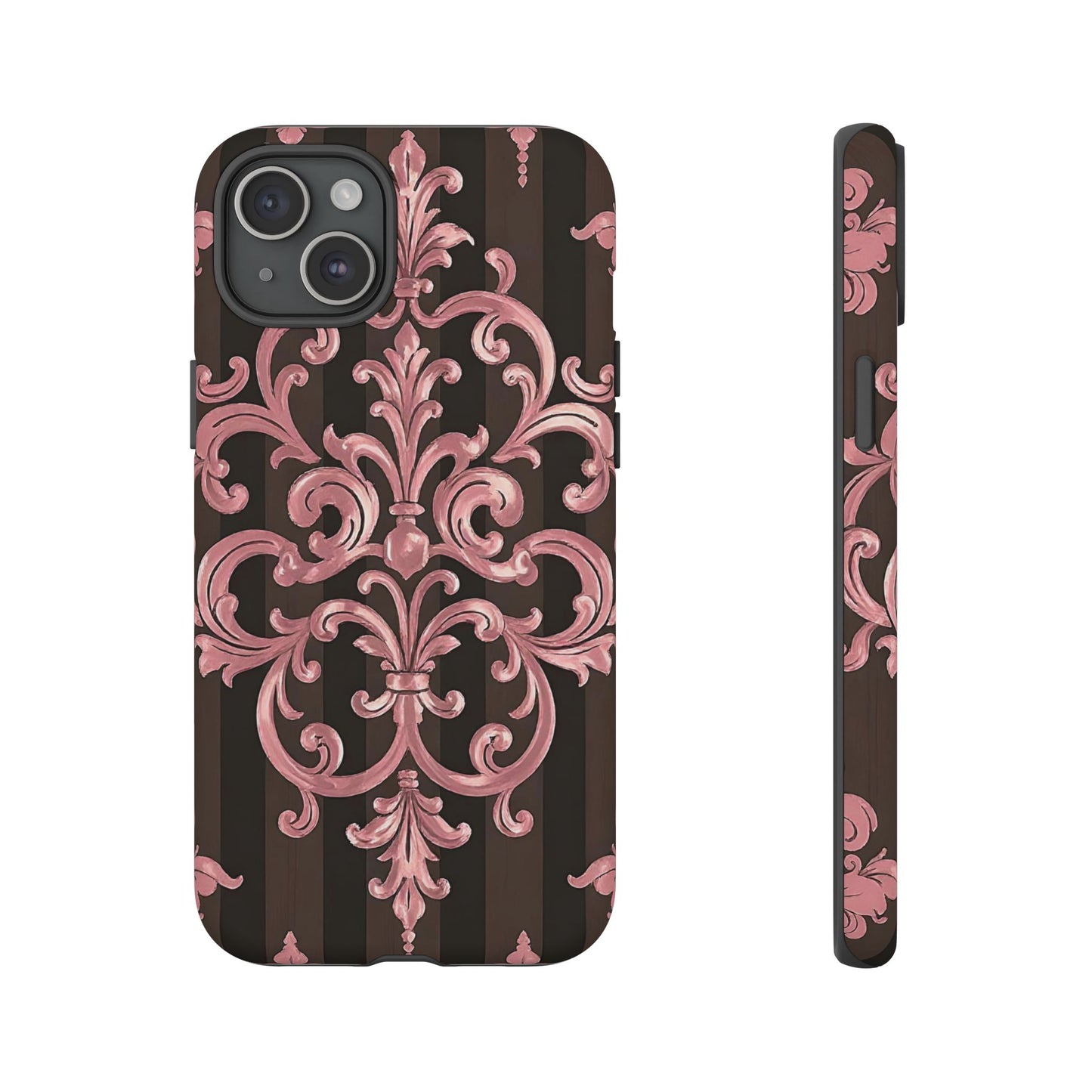 Elegant Floral Motif Phone Case - Tough Cases with Vintage Design - Brown Striped Mauve Damask