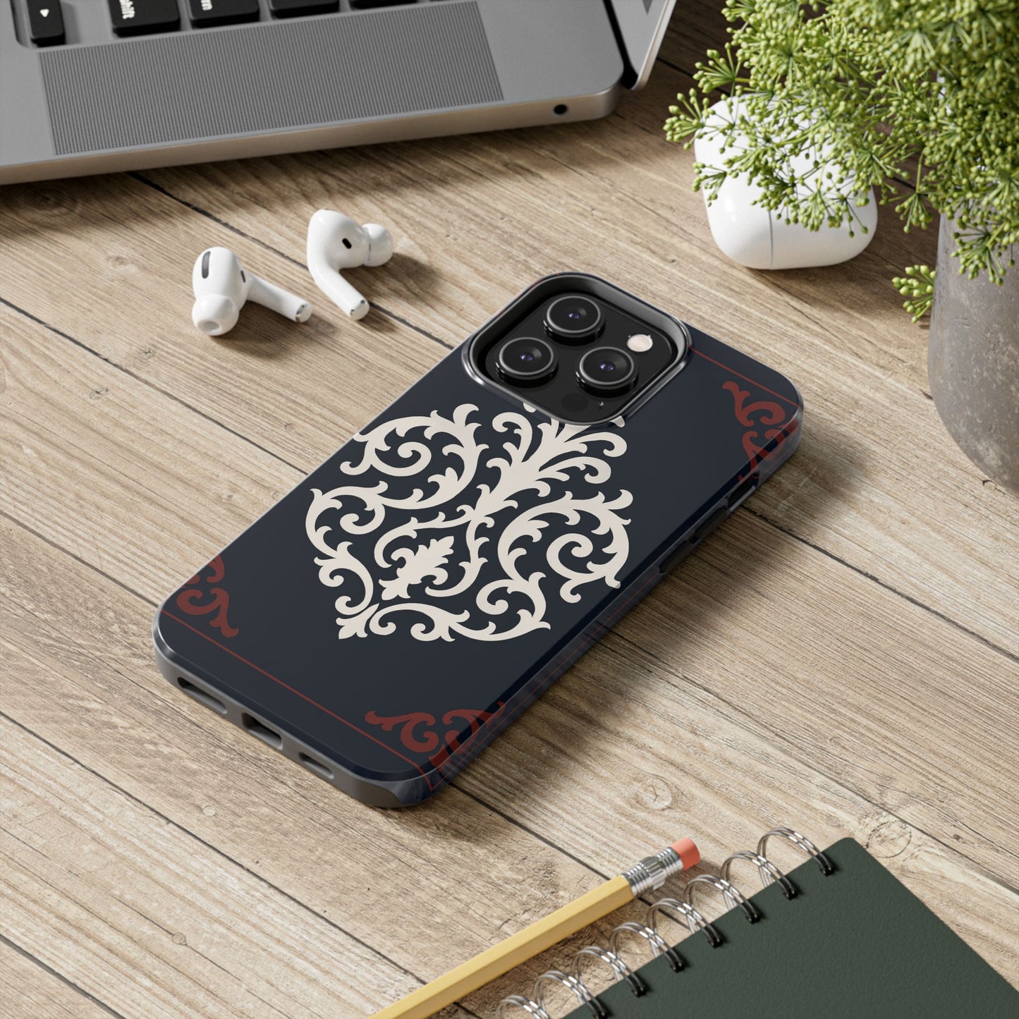 Dusk Blue-Maroon & White Baroque Tough Phone Case — Vintage Scroll Design