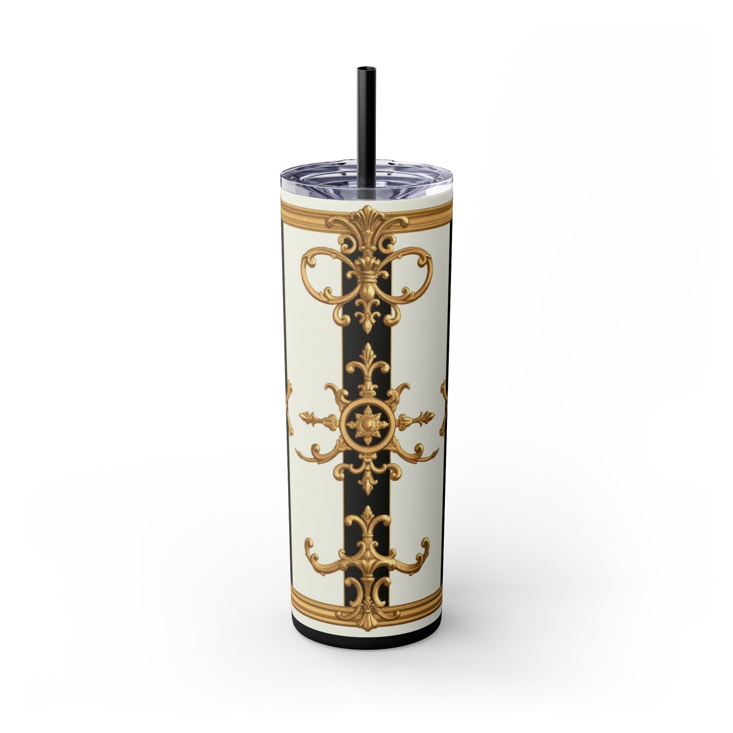 Elegant Gold Accents Skinny Tumbler, 20oz - Stylish Drinkware for Weddings, Parties, Gifts, or Everyday Use - Black & White Striped Gold Baroque
