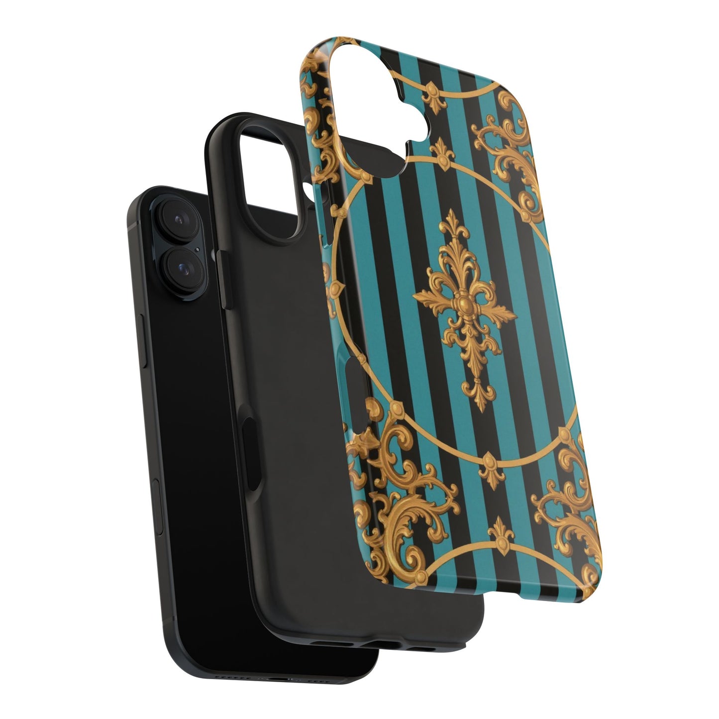 Elegant Turquoise & Black Striped Gold Baroque Phone Case, Tough Phone Cases for Fashion Lovers, Gift for Her, Luxury Accessories