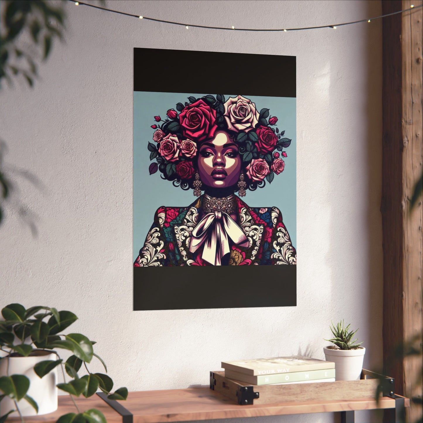Floral Afro Art Poster - Elegant Matte Vertical Wall Decor - Lady In Damask Suit & Roses