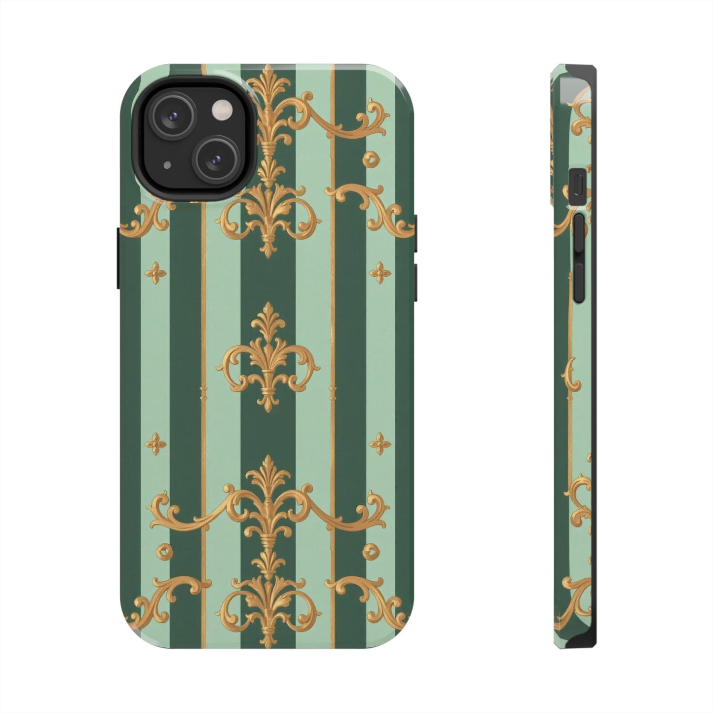 Elegant Floral Tough Phone Cases | Stylish Phone Protection, Gift for Her, Trendy Accessory, Unique Decor - Mint Green & Teal Striped Gold Baroque