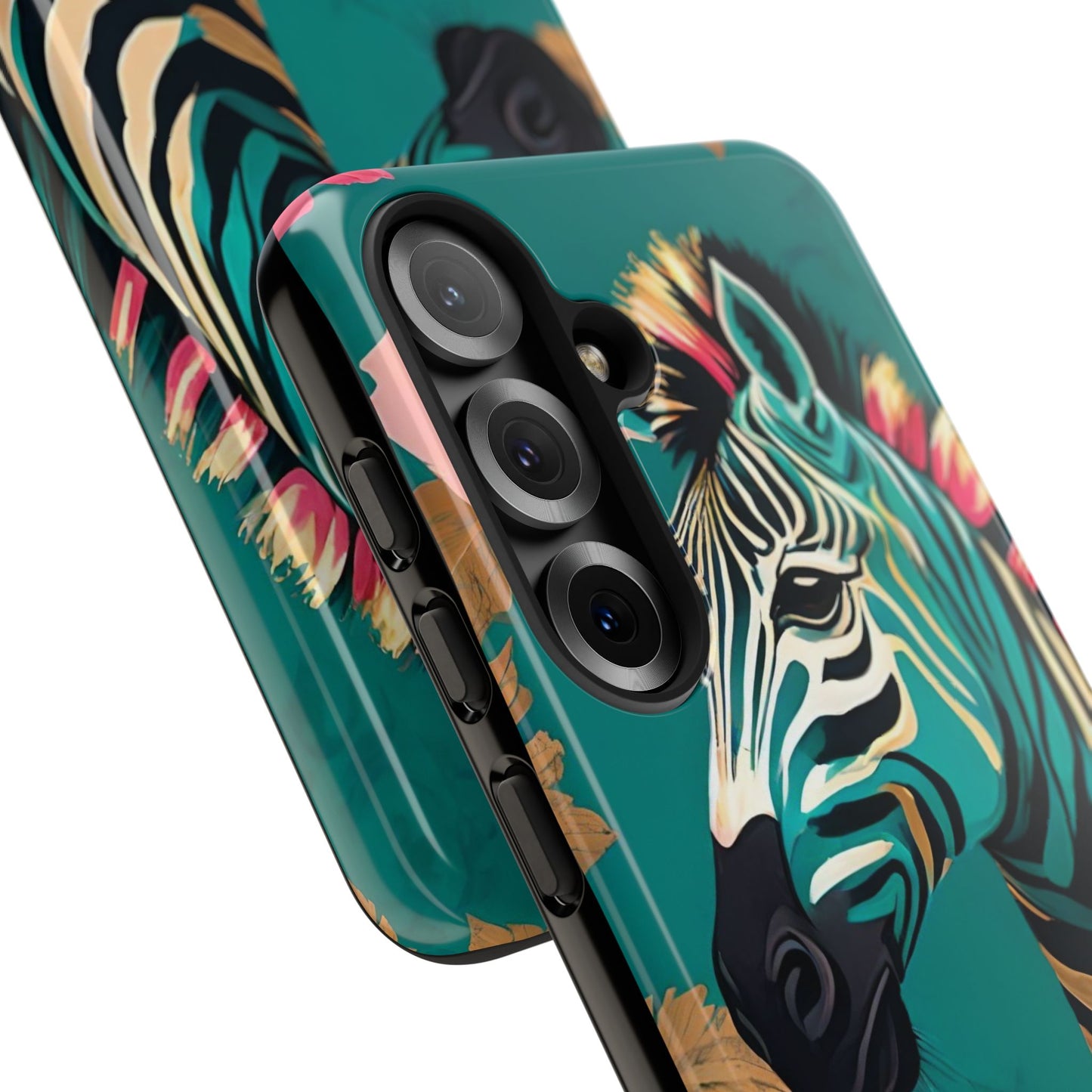 Phone Case - Elegant Teal & Gold Zebra & Roses Design