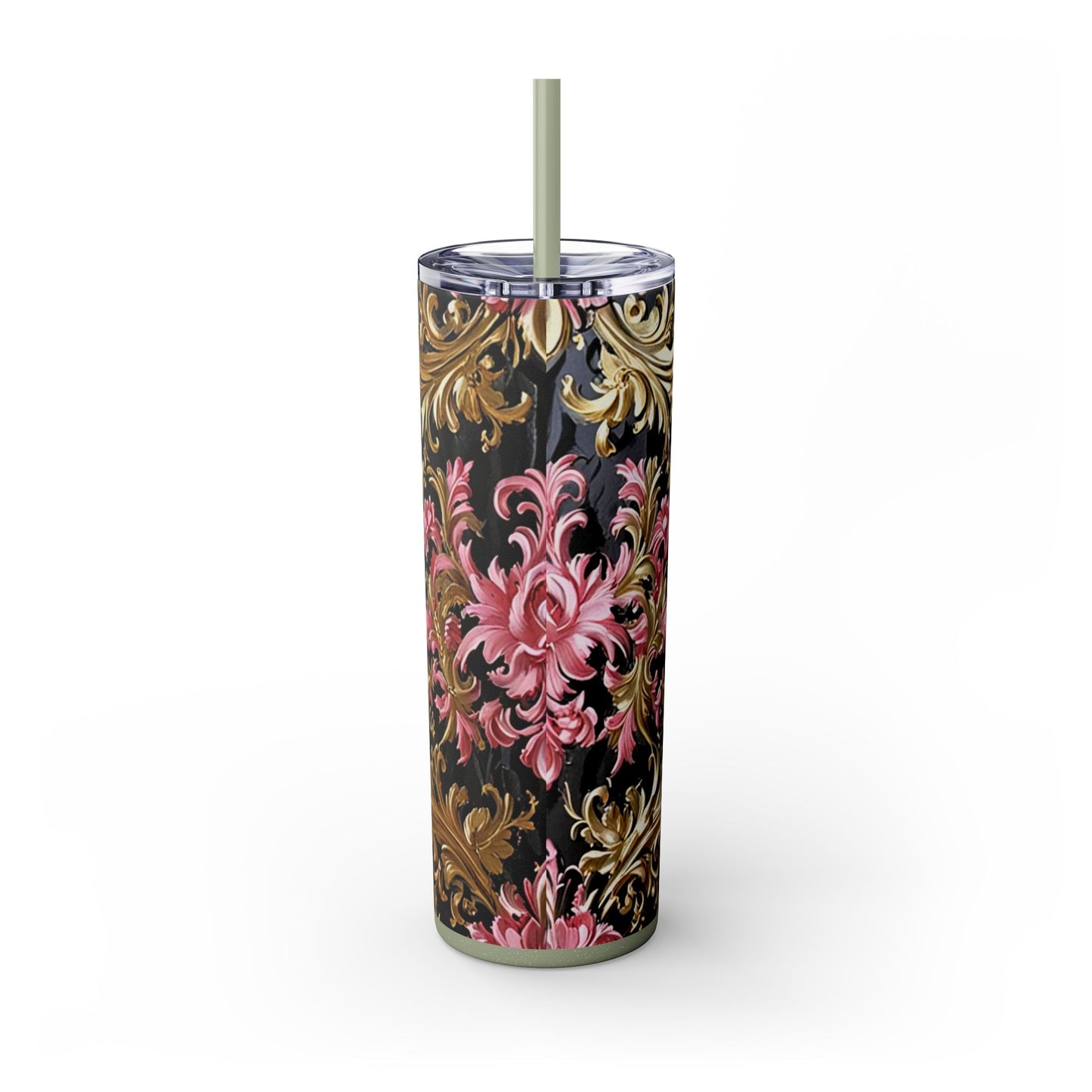 Chic Floral Skinny Tumbler with Straw, 20oz - Elegant Drinkware for Tea Lovers, Travel Mugs, Gifts for Her - Black & Pink Oil Painting Style Rococo