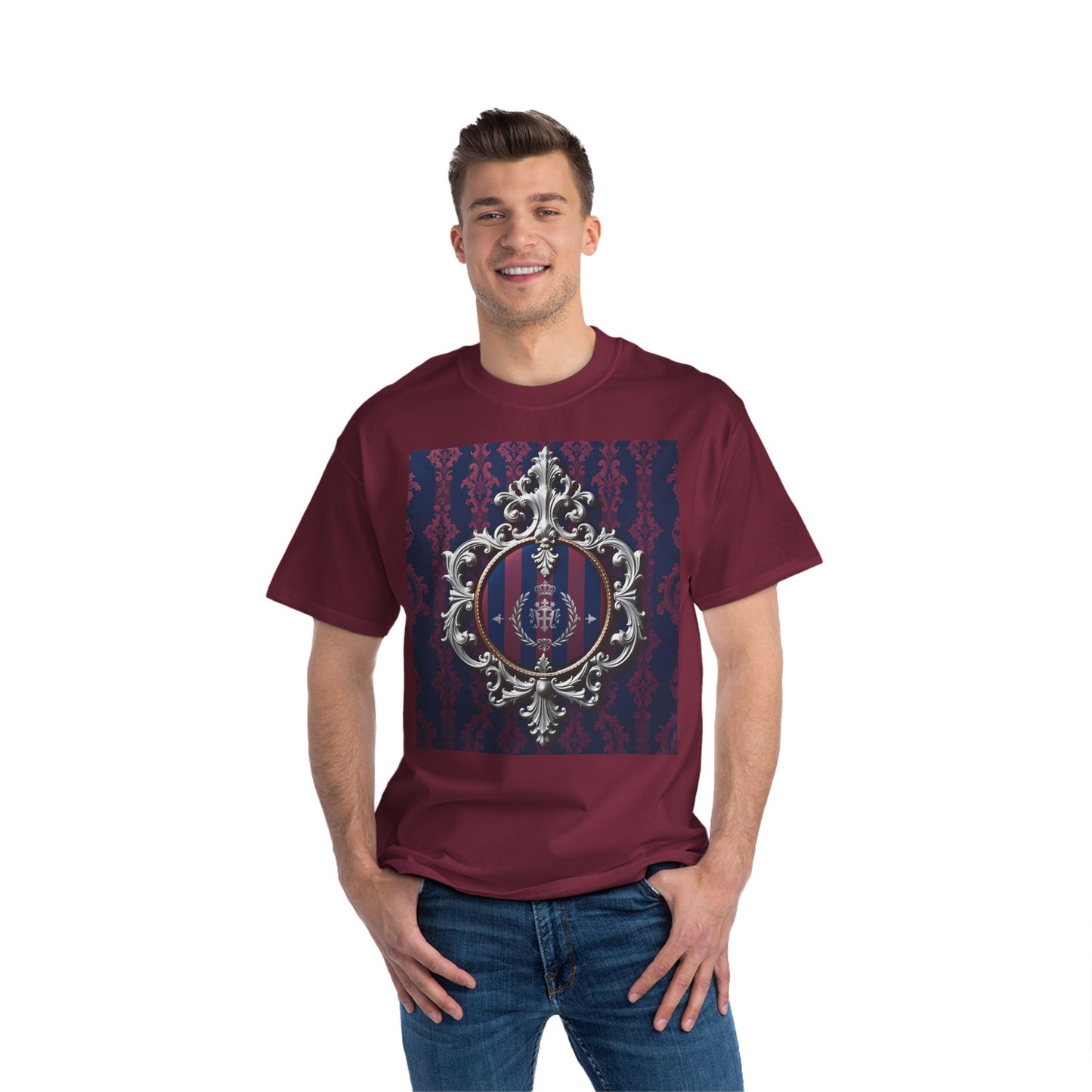 Elegant Unisex Graphic T-Shirt - Vintage Inspired, Casual Wear, Unique Gift, Art Tee, Fashion Statement - Blue & Plum Striped Silver Crest